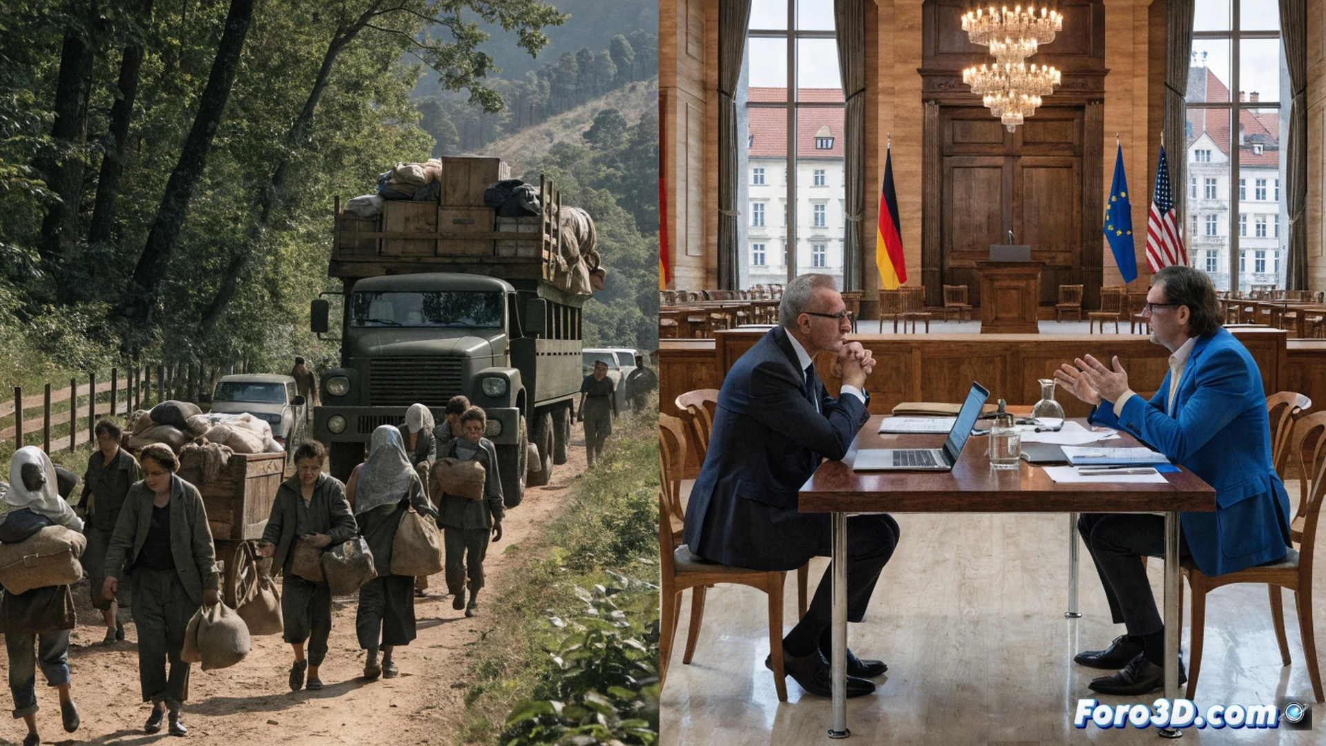 German historical memory transition scene, a heavy steel archive door being pushed open by a politician figure in a dark suit, old sepia-toned refugee maps and family photographs falling from shelves onto a polished concrete floor, while a border guard hand reaches to catch a single document mid-air, cinematic photorealistic style, cold blue industrial lighting from ceiling spotlights, dust particles suspended in light beams, contrast between warm historical paper tones and cold modern security aesthetics, ultra-detailed texture on aged documents showing migration routes and train schedules, dramatic shadows, wide-angle lens perspective showing the shift from cultural archive to interior ministry control, hyperrealistic technical visualization