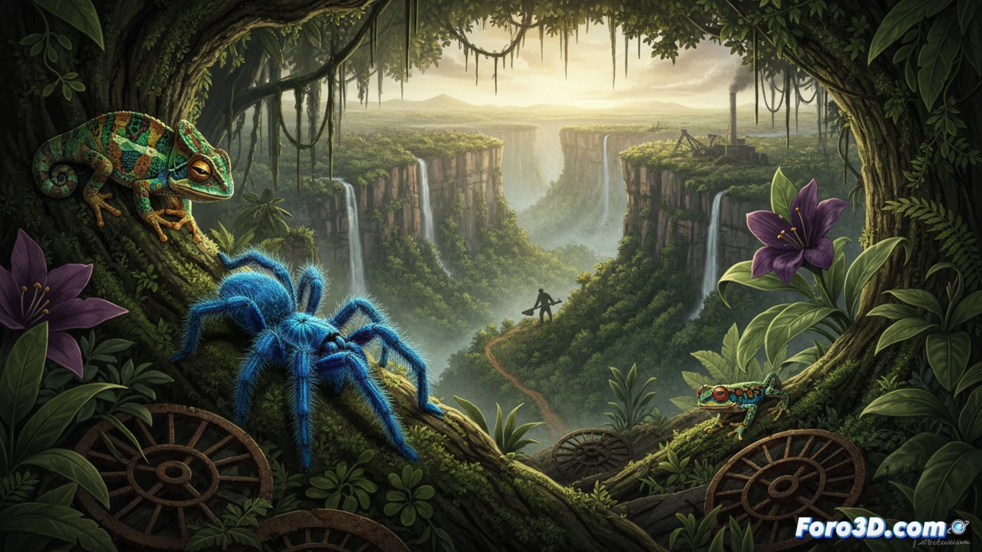 Aerial view of the Lisima plateau in Angola, dense green canopy with hidden blue-glowing spider webs between trees, freshly discovered butterfly species with iridescent wings perched on rare flowers, scientists in field gear using GPS devices and specimen collection tools while surveying the terrain, background showing cleared minefield warning signs and distant logging machinery entering the forest edge, cinematic photorealistic nature documentary style, golden hour sunlight filtering through leaves, dramatic contrast between untouched biodiversity and encroaching industrial threat, ultra-detailed foliage textures, realistic atmospheric haze over the plateau