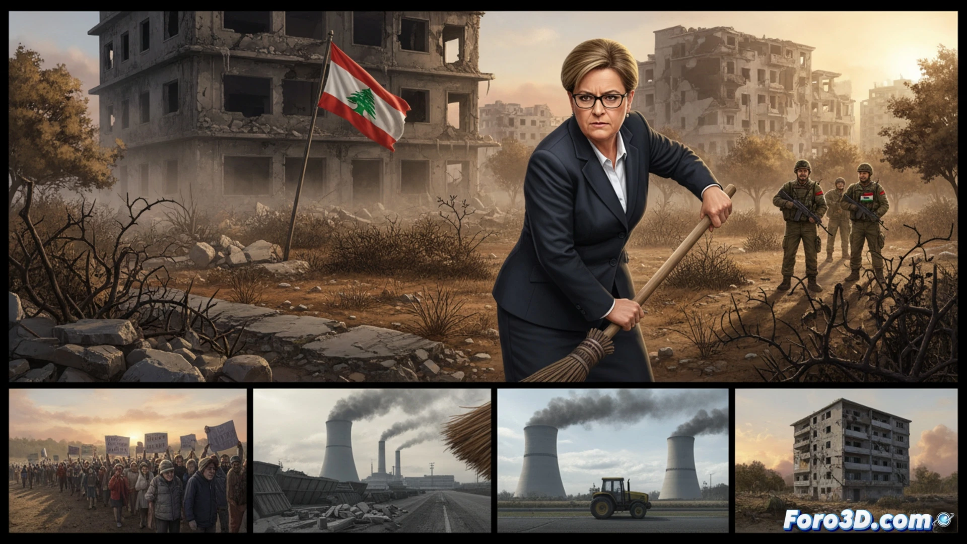 photorealistic cinematic scene of a German government minister in formal business attire standing in a neglected garden, holding a professional leaf blower aimed at overgrown weeds and rubble, while behind her a chaotic industrial landscape shows abandoned factories with For Sale signs, broken railway tracks, and empty housing construction sites, her own garden path is cracked and filled with trash, contrasting sharply with her focused expression on the neighboring garden, dramatic overcast lighting, ultra-detailed textures of dry soil and rusted machinery, technical engineering visualization of environmental neglect versus political action, photorealistic architectural render