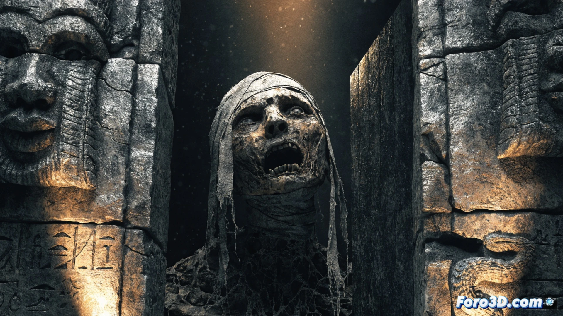 cinematic shot of a dusty ancient sarcophagus lid cracking open in a dimly lit living room, a glowing laptop on a coffee table displaying HBO Max streaming interface, a smart TV in the background showing a blurred mummy figure rising, popcorn scattered on a leather sofa, remote control on armrest, technical illustration style, cool blue ambient light from TV contrasting with warm lamp glow, photorealistic interior render, sharp focus on sarcophagus texture and laptop screen, motion blur on TV image, ultra-detailed fabric folds and wood grain, dramatic shadow play