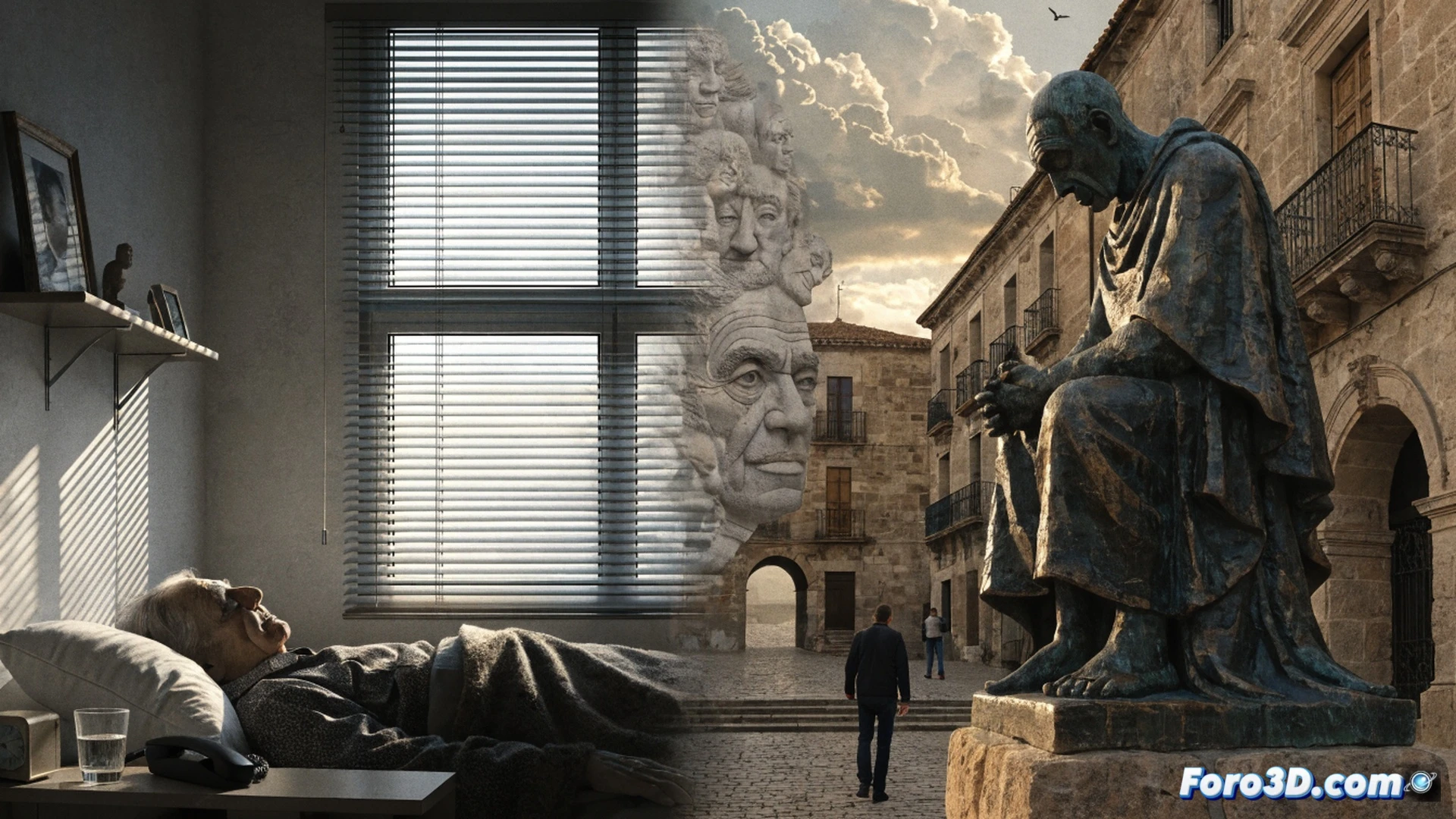 cinematic scene of a weathered stone sculpture workshop in Calanda, Aragon, a sculptor's chisel resting on a half-carved limestone block, dust particles floating in warm sunlight, a vintage film reel and projector nearby on a wooden table, the shadow of a man cast against the wall as he reaches toward the tools, photorealistic technical illustration, dramatic chiaroscuro lighting, rough textured stone surfaces, film grain overlay, deep earthy tones, ultra-detailed stone grain and tool marks, industrial workshop atmosphere, 4K cinematic render