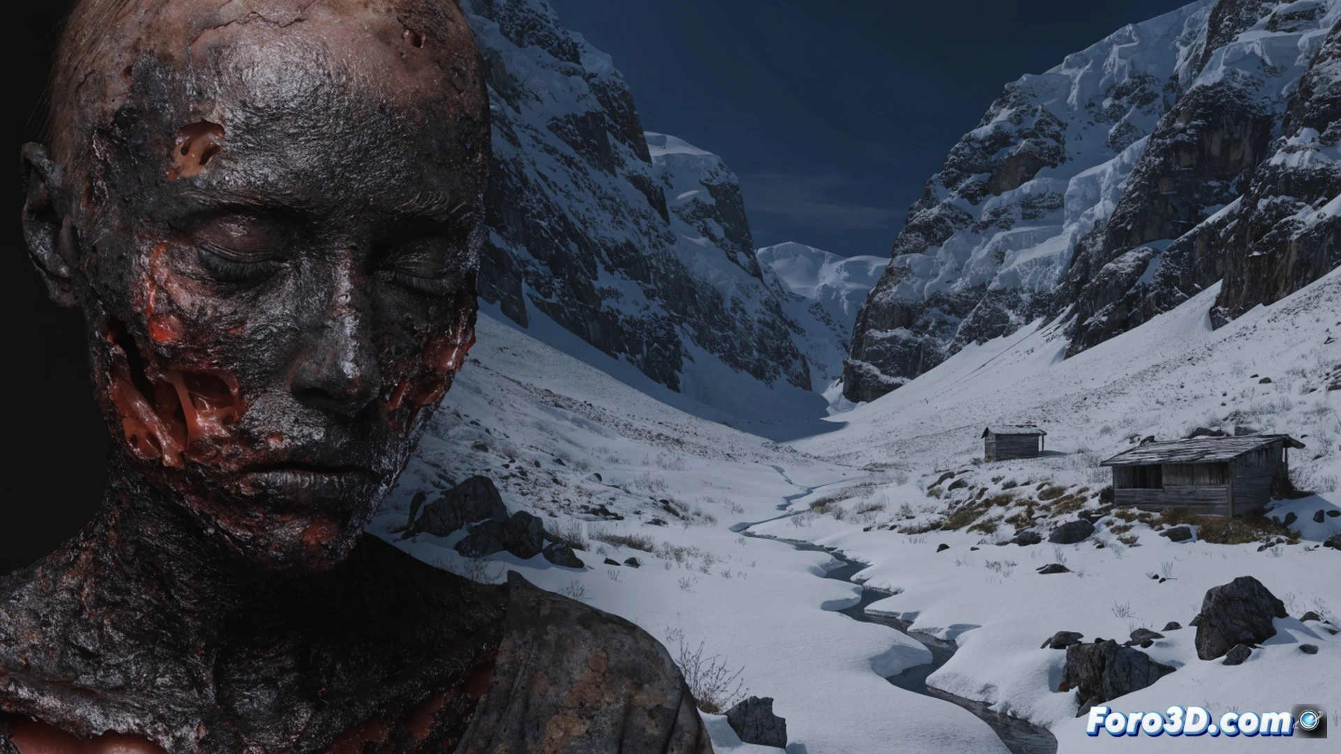 Forensic anthropologists examining a charred female skeleton in a rocky Norwegian valley, gloved hands holding a melted passport and a coded paper fragment near a burned suitcase, police evidence markers scattered around the scorched ground, cinematic true-crime visualization, cold blue-gray atmospheric lighting, snow-covered mountain peaks in the background, ultra-detailed bone texture and burnt fabric, photorealistic technical illustration