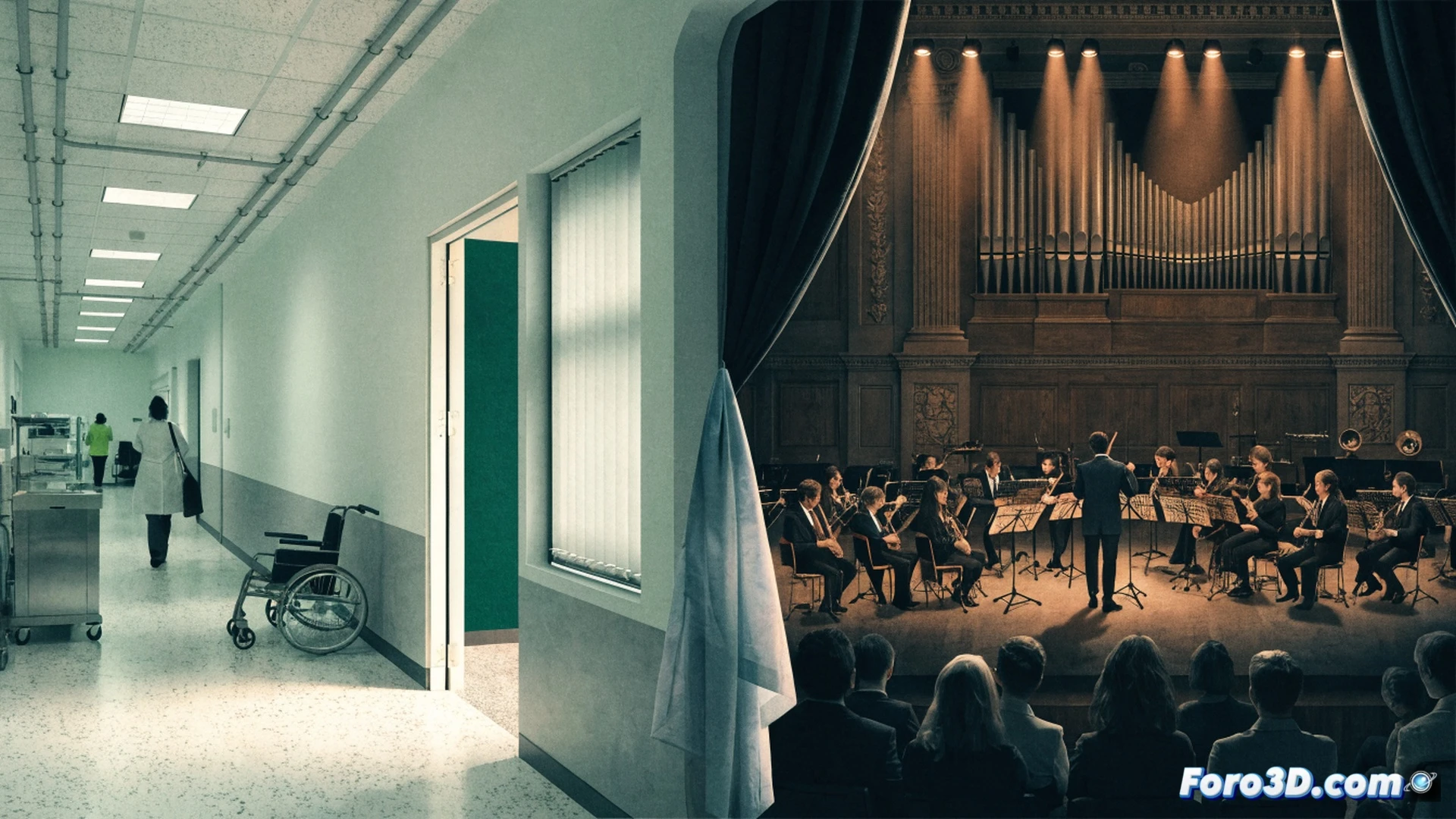 hospital room interior, young orchestra musicians in formal attire playing string instruments beside a patient bed, sunlight streaming through window illuminating instruments and medical equipment, patients and family members watching with calm expressions, doctor in white coat observing from doorway, warm amber and soft clinical white lighting, cinematic composition with depth of field, photorealistic medical documentary style, polished floor reflecting musicians and IV stands, emotional atmosphere blending healing and art
