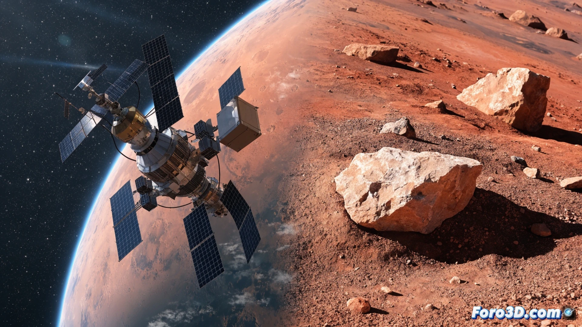 Relativity Space Terran R rocket mid-launch over Martian surface, thrusters firing as orbital weather station separates from payload bay, atmospheric sensors deploying while solar panels unfold against rusty red horizon, dust devils visible below, technical engineering visualization with cutaway showing internal spectrometer components, metallic rocket body reflecting pale sunlight, photorealistic space hardware render, dramatic golden-hour lighting on Mars, high-contrast shadows, industrial precision detailing