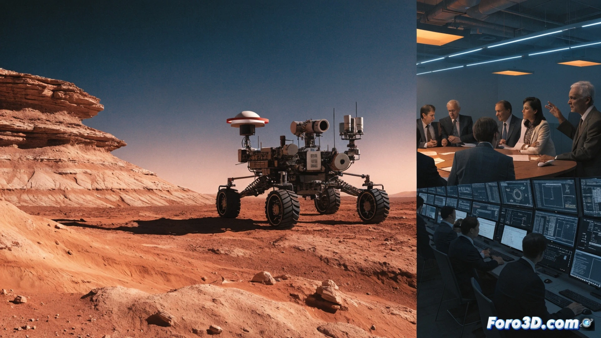 Martian rover paused at edge of deep crater, wheels half-buried in red dust, robotic arm frozen mid-motion above a rock sample, drill tip centimeters from target, while a shadowy figure of a NASA official in a suit stands behind a glass wall holding a budget report, Earth visible through a window with a Moon silhouette, photorealistic technical illustration, cold fluorescent lighting, dust particles suspended in thin atmosphere, abandoned scientific instruments scattered, dramatic contrast between sterile control room and barren alien landscape, cinematic engineering visualization, sense of halted process and waiting machinery