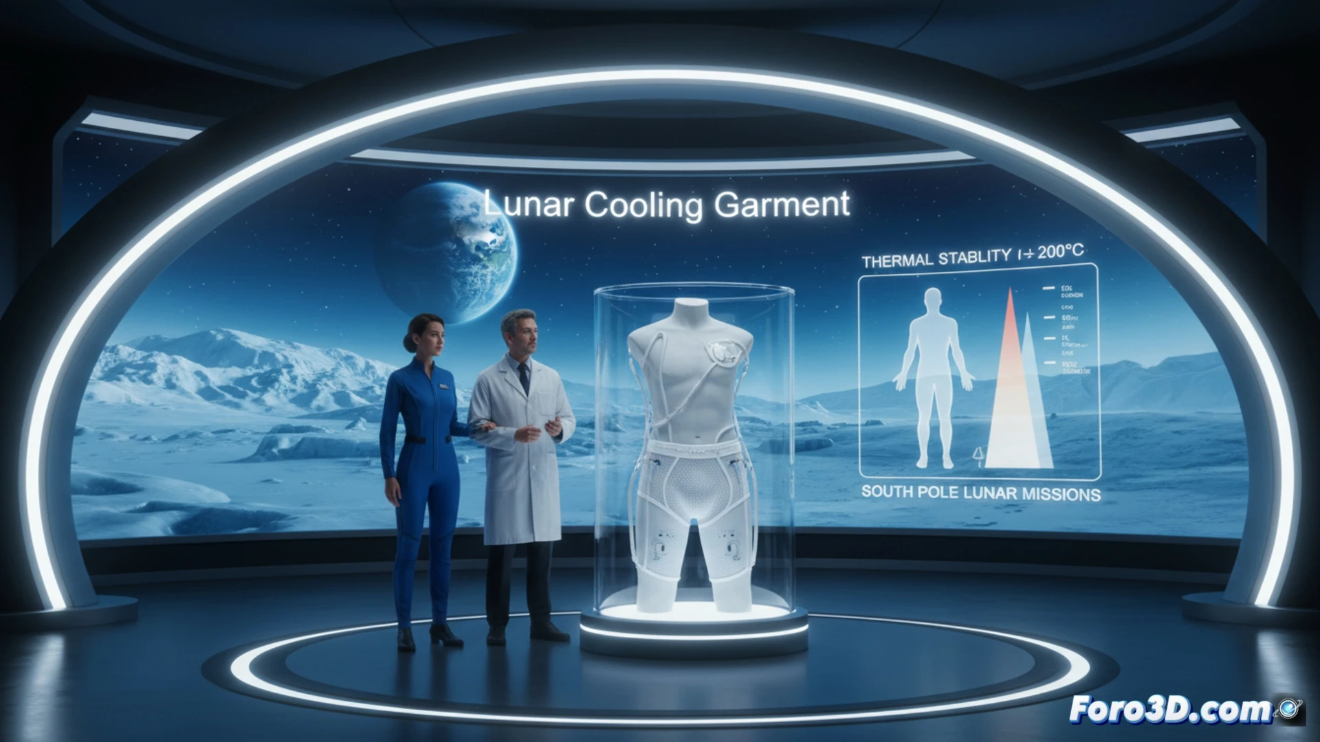 astronauta en el polo sur lunar ajustando el calzoncillo refrigerado blanco LCVG sobre su cuerpo, tubos flexibles de enfriamiento líquido visibles conectados a una mochila de control térmico, mientras el traje espacial abierto muestra el sistema de ventilación interior, cambios de temperatura extremos representados por sombras nítidas y superficies heladas contrastando con el sol lunar, manos enguantadas demostrando el proceso de conexión de los conductos, ilustración técnica fotorrealista con iluminación dramática de alto contraste, textura metálica del traje y detalles de ingeniería espacial