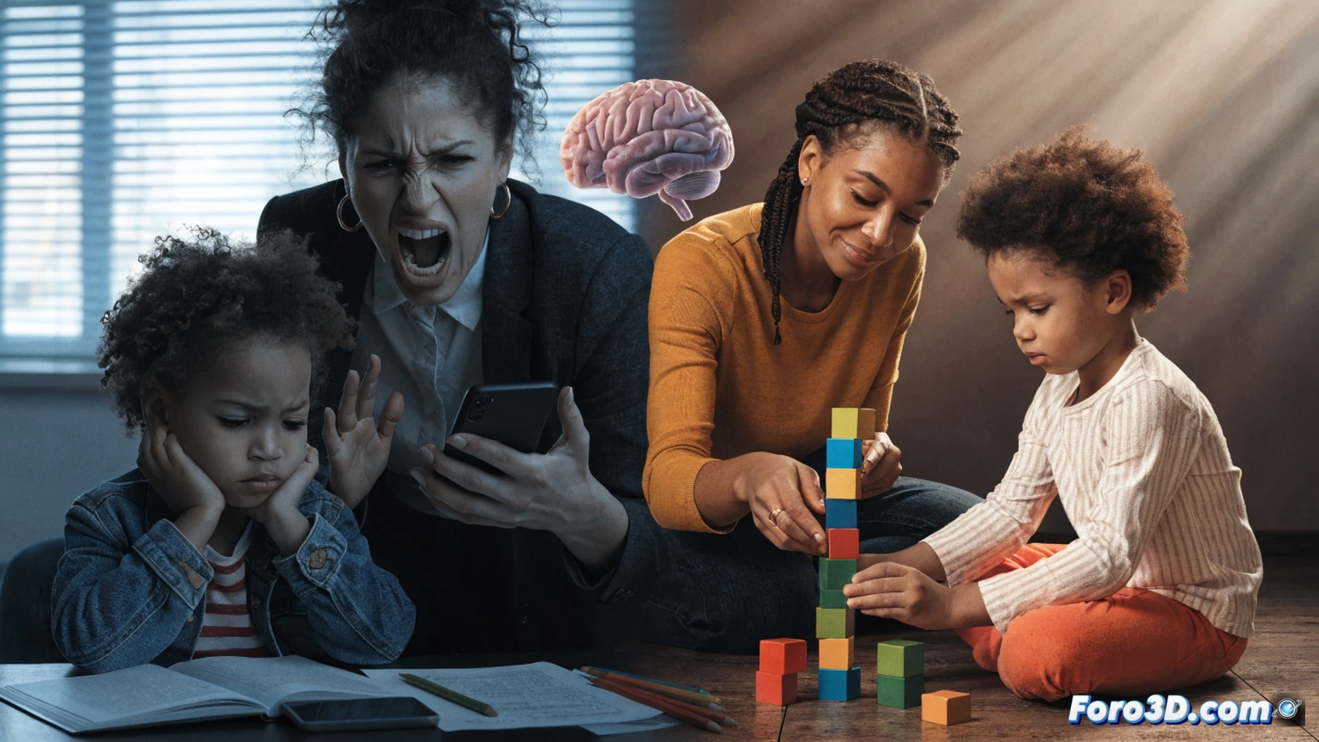 photorealistic scene of a child’s hands building an unstable tower of wooden blocks on a plain table, a parent’s hand gently removing a tablet with bright flashing apps from the edge of the frame, while a neuropediatric brain scan hologram floats above showing calm neural pathways instead of overstimulation patterns, soft natural light from a window, warm wooden textures, blurred background of a simple playroom with open space for free movement, cinematic composition emphasizing balance and quiet focus, technical medical visualization of brain activity contrasted with organic childhood play, no text or numbers visible