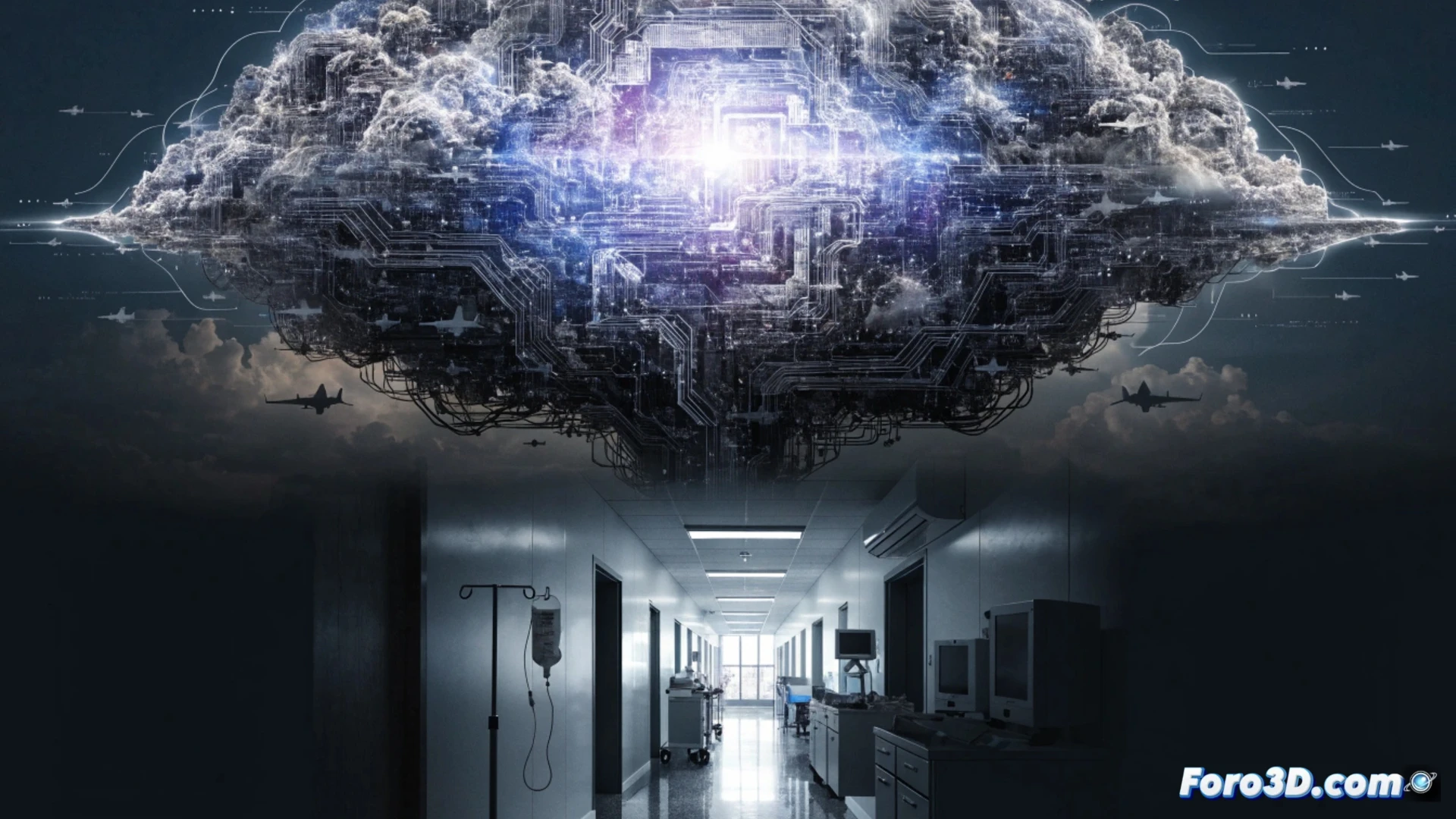 Avión de combate eurofighter con datos digitales fluyendo hacia una nube de guerra en el cielo, sombra oscura cubriendo un hospital y una escuela al fondo, sala de servidores militares con paneles de control y cables ópticos brillando, mientras ambulancias y pupitres vacíos quedan en penumbra, estilo cinematográfico fotorrealista, iluminación dramática con contraste entre luces azules de datos y sombras naranjas de atardecer, texturas metálicas y de fibra óptica ultra detalladas, render técnico de ingeniería