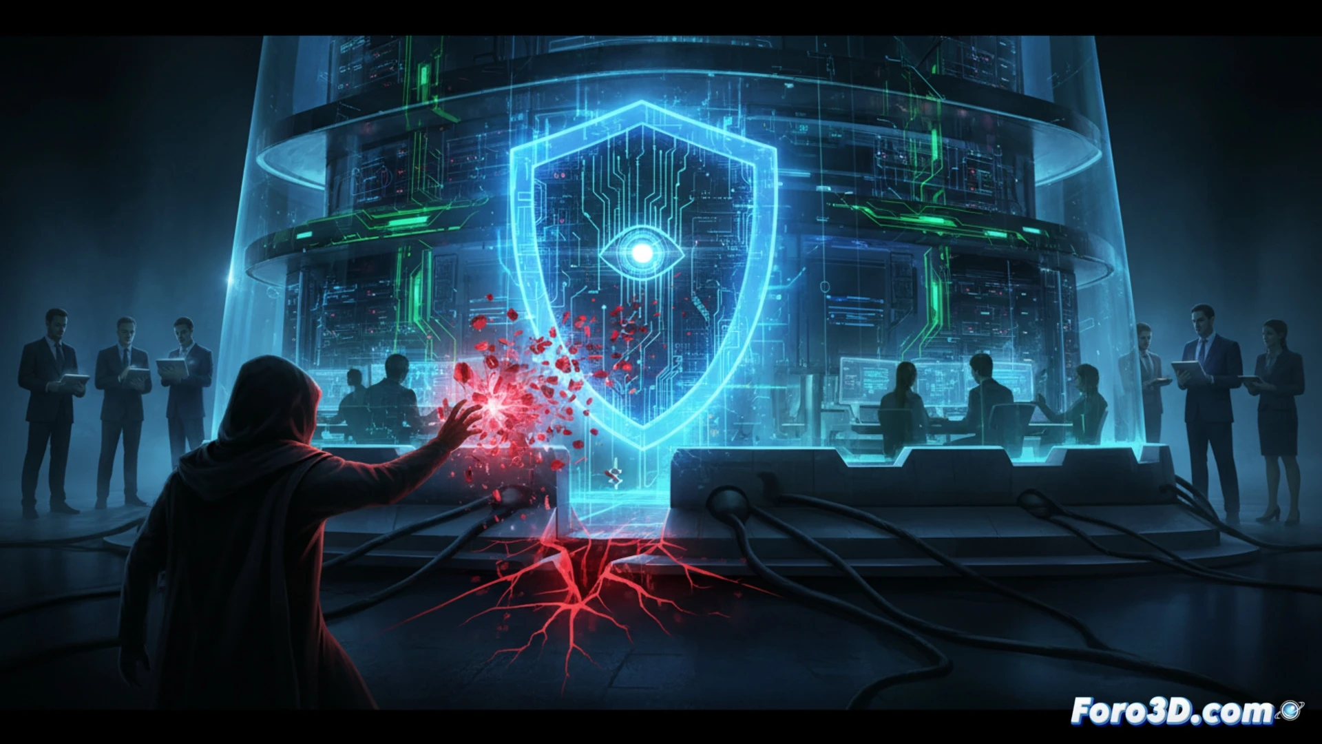 photorealistic technical illustration of a corporate server room, glowing holographic identity shield hovering above cracked data vaults, shadowy hacker silhouettes pressing against transparent firewall, broken padlock icons scattered on floor, cybersecurity dashboard showing red alert triangles, surveillance cameras angled at blind spots, dramatic blue and red lighting, cinematic security breach scene, ultra-detailed server racks with blinking LEDs, smoke particles rising from overheating hardware, tension-filled atmosphere showing vulnerability detection process failing mid-action