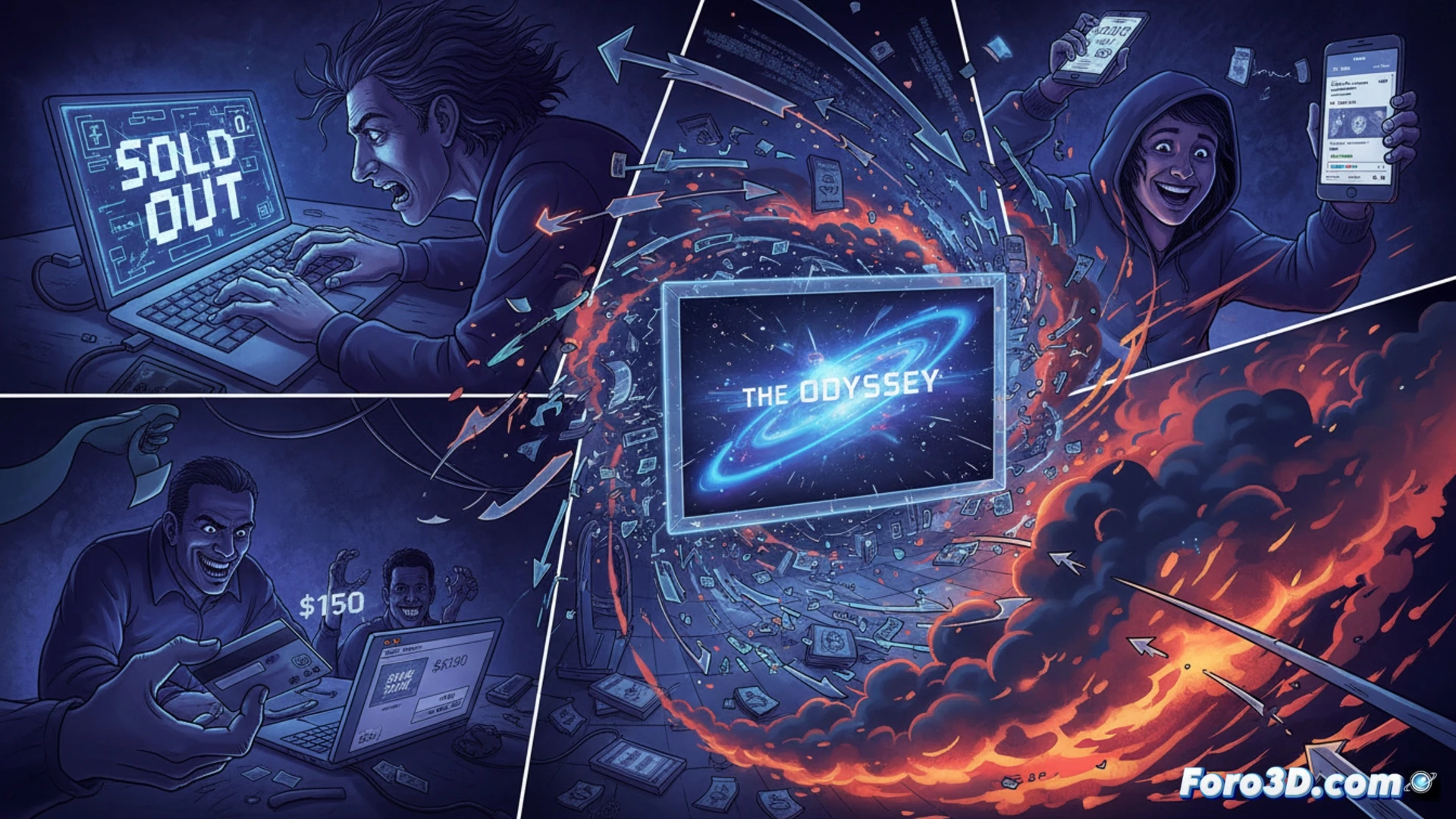 photorealistic cinematic scene of a chaotic online ticket purchase process, multiple glowing smartphone screens showing sold out IMAX seating charts, a frantic finger tapping a refresh button on a laptop with a countdown timer at zero, a digital wallet icon displaying USD 150 while a scalper bot interface runs in the background, pixelated loading spinners and error 404 messages overlapping, dark room illuminated only by screen glare, dramatic tension, ultra-detailed digital interfaces, motion blur on the tapping finger, technical illustration style