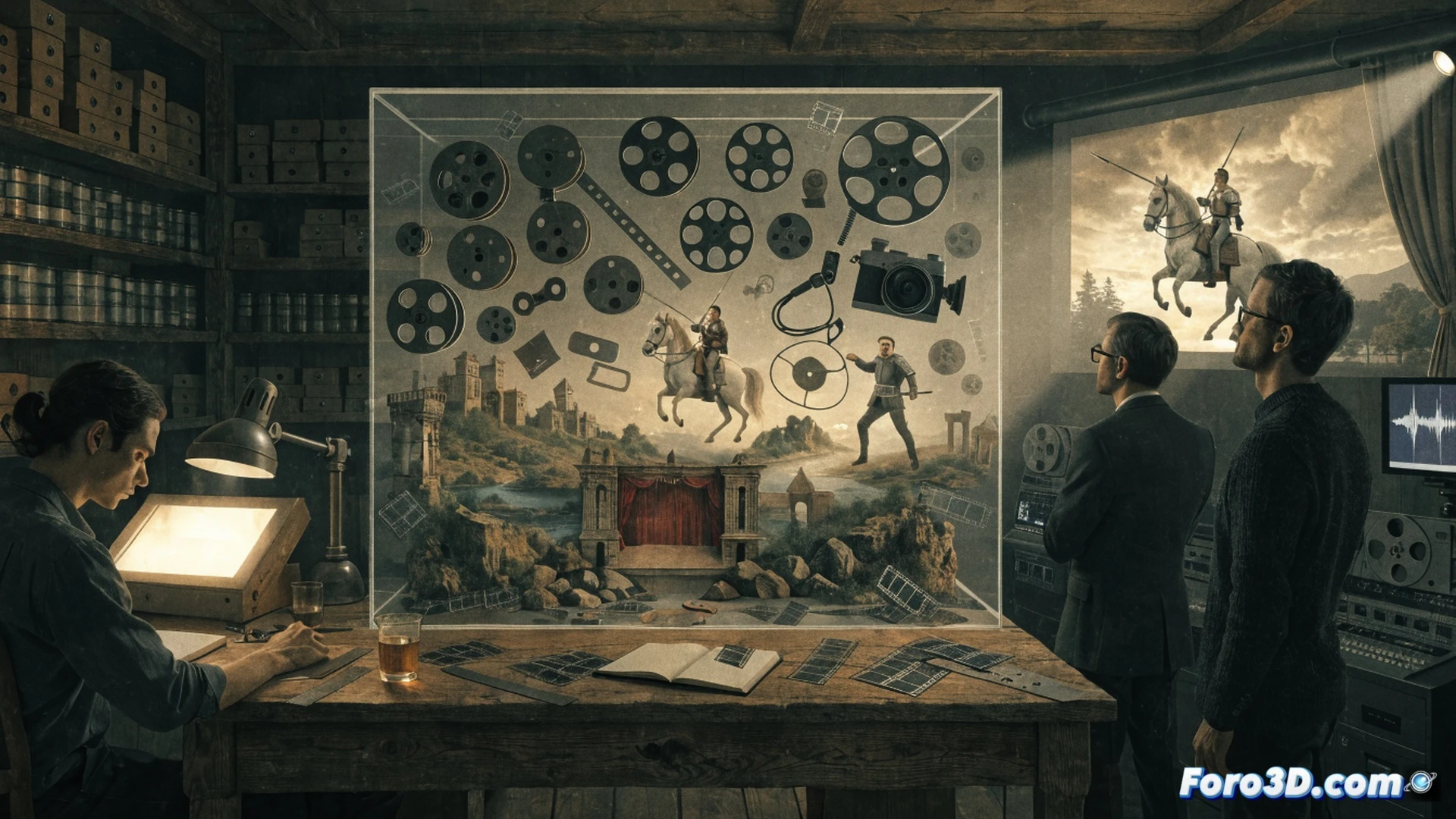Film restoration expert inspecting a 16mm film strip of Don Quixote by Orson Welles, holding a magnifying loupe over damaged celluloid frames, while a light table illuminates the sprocket holes and emulsion layers, scattered film cans and a Steenbeck editing table visible in background, process showing manual frame-by-frame analysis, cinematic technical illustration, warm archival lighting, dust particles floating in beam, metallic reels stacked, photorealistic detail of film grain and scratches, dramatic chiaroscuro shadows, vintage editing suite atmosphere