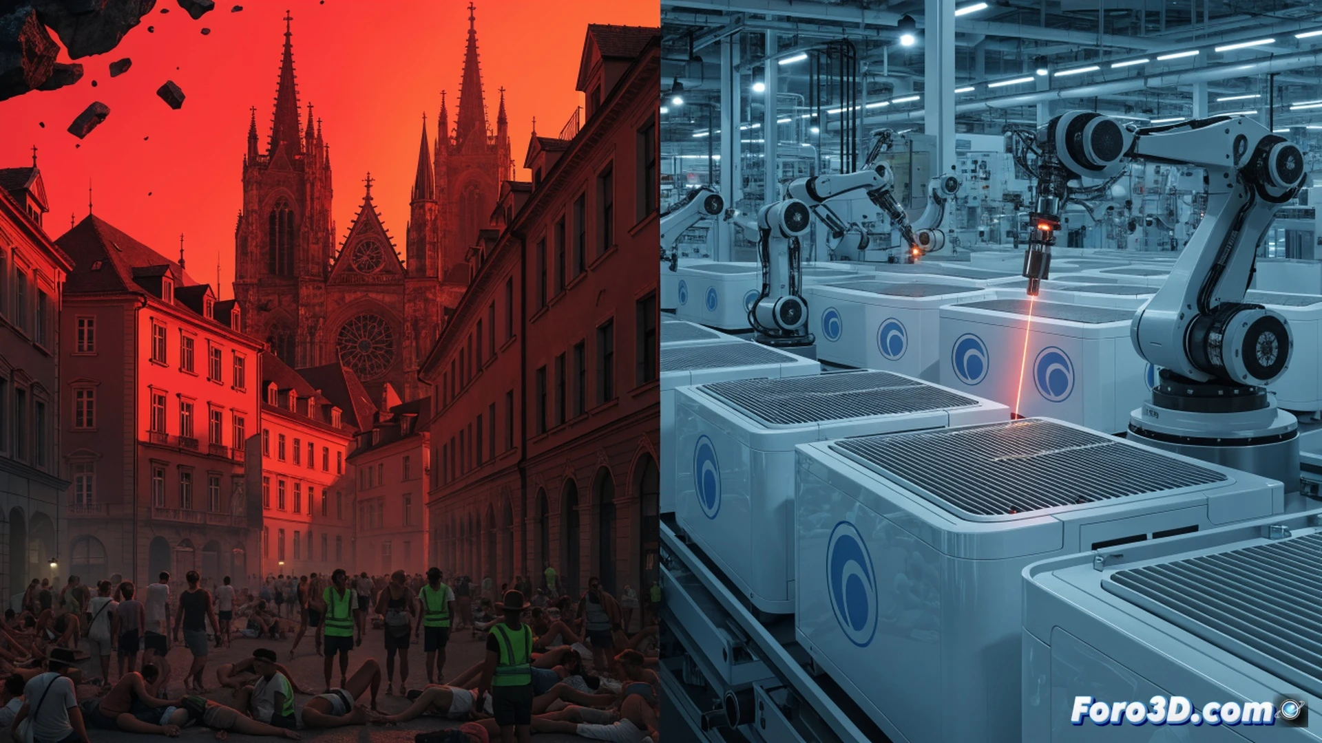 photorealistic aerial view of a European city rooftop during heatwave, Asian-made air conditioning units being installed on historic terracotta roofs, workers in safety harnesses carrying a split AC compressor, visible heat haze distorting the skyline, old windows without shading systems contrasting with new cooling equipment, technical illustration style, bright sunlight casting sharp shadows, ultra-detailed building materials, dramatic climate contrast, industrial equipment highlighted, realistic urban texture