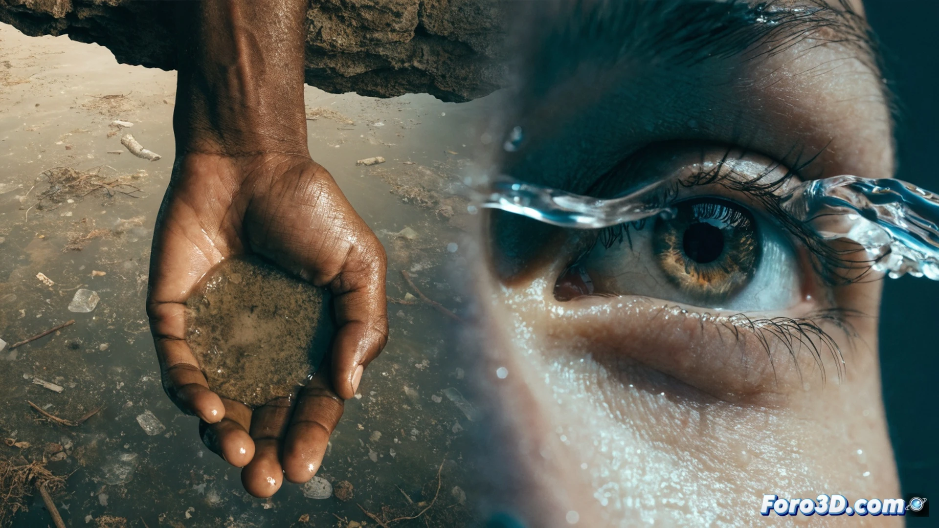 Arid riverbed scene, a woman filling a cracked jerrycan from a murky stream, microplastic particles visible as glowing specks in the water, a child drinking directly from the river, distant dry village with collapsed well, WHO technical guide document partially submerged in mud, cinematic photorealistic engineering visualization, dramatic overcast sky, harsh brown and grey tones, ultra-detailed water texture, despairing action during collection process, health risk demonstrated through visible contamination