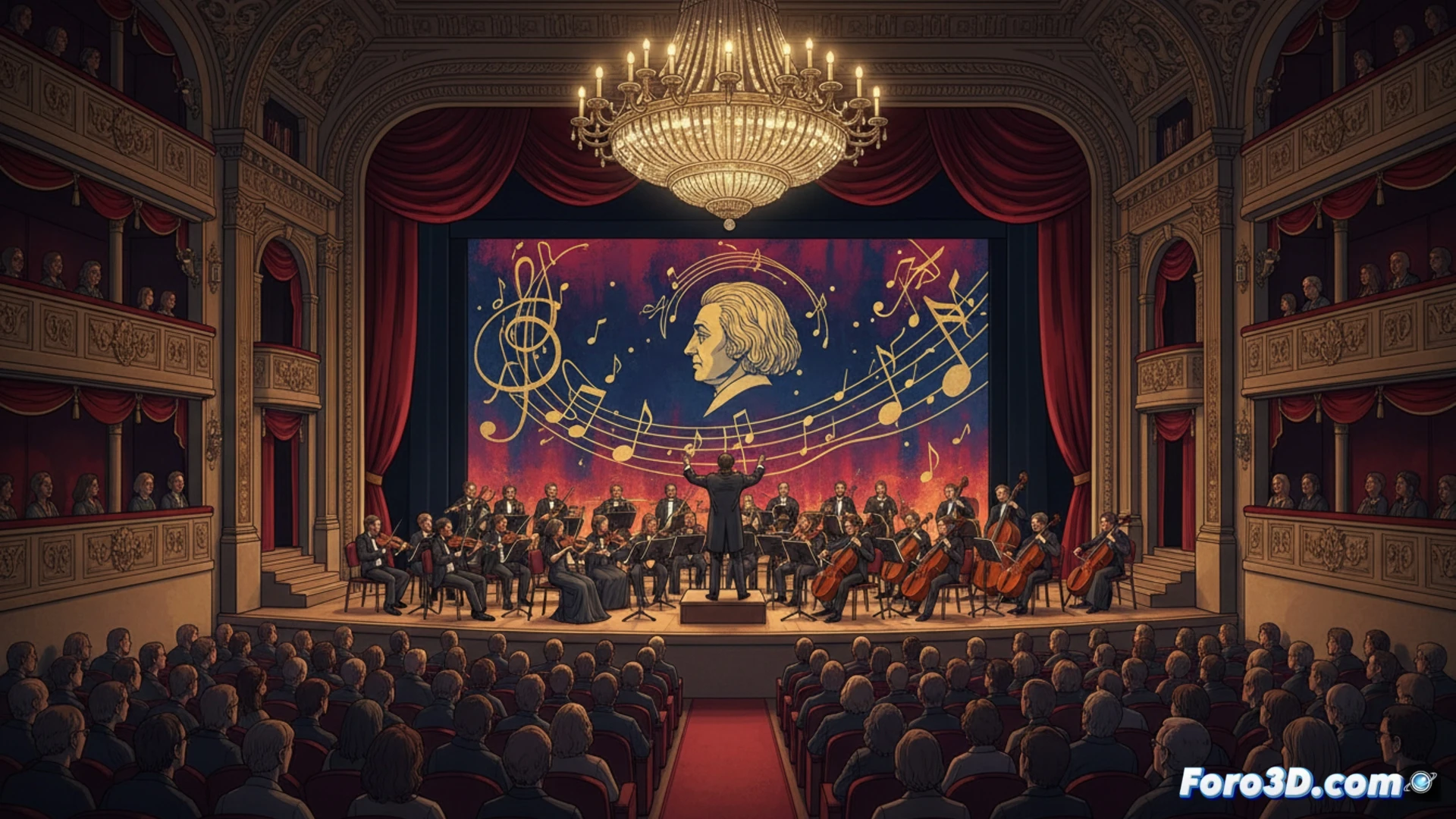Orquesta de Córdoba en escenario del Teatro Villamarta, músicos tocando instrumentos de cuerda y viento madera durante un homenaje a Haydn, atriles iluminados con partituras abiertas, arcos de violín en movimiento sincronizado, director de orquesta con batuta marcando el compás, butacas del teatro con público atento, luces cálidas de escenario contrastando con la penumbra de la sala, estilo cinematográfico fotorrealista, textura de madera en el escenario y terciopelo en asientos, atmósfera cultural elegante y acogedora