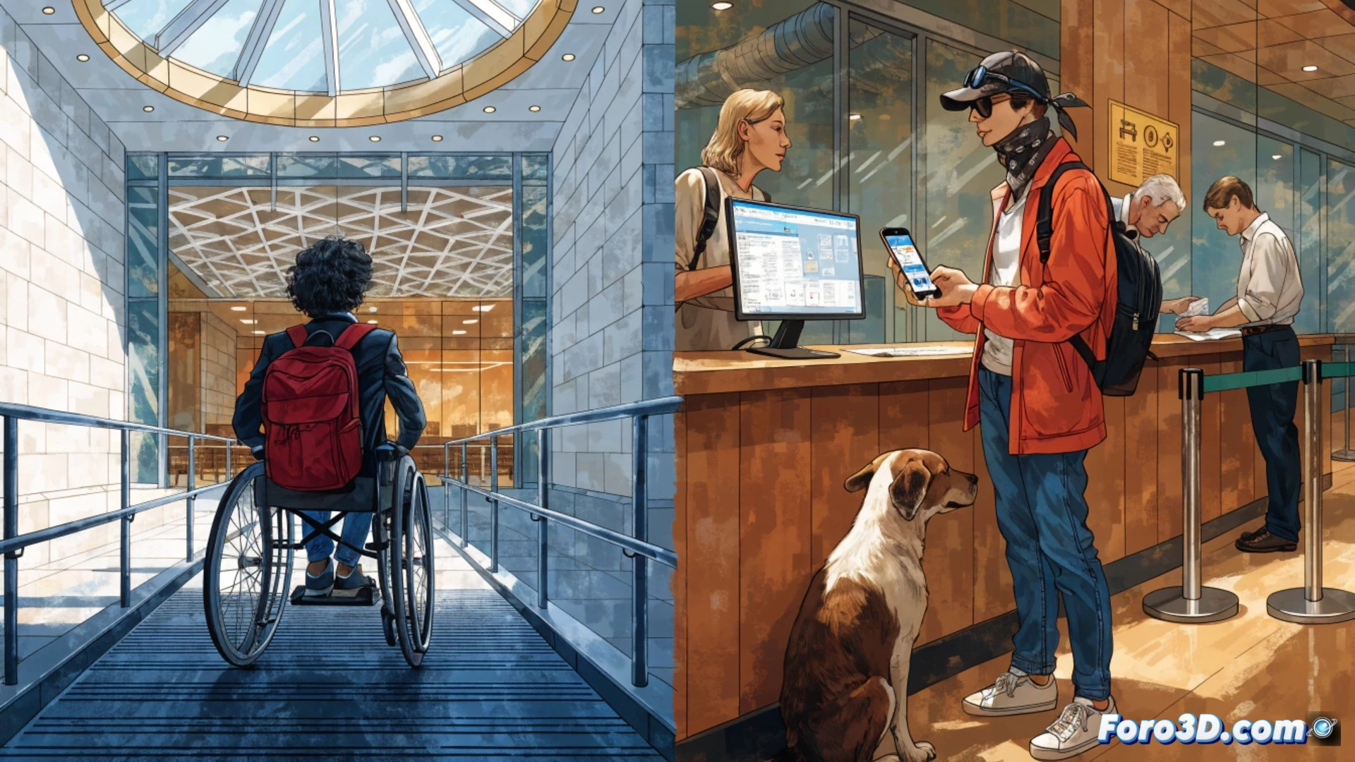 A person in a wheelchair stopped at the base of a steep museum staircase, hand reaching for an inaccessible door handle, while a large glowing smartphone screen beside them shows a website with broken accessibility icons and a red error message symbol, museum staff in the background ignoring the scene, photorealistic technical illustration, cold institutional lighting, concrete walls, metallic railing, high contrast shadows, ultra-detailed textures on wheelchair wheels and stone steps, cinematic composition emphasizing the gap between the person and the entrance, dramatic focal depth