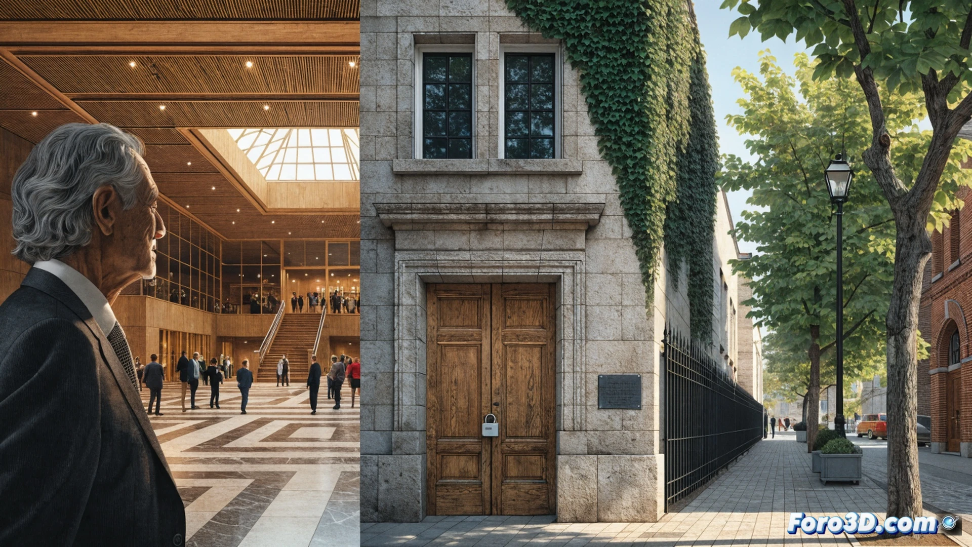photorealistic cinematic scene of a grand civic center entrance with golden doors being pushed open by a wealthy figure in a suit, while in the background a municipal worker chains a library gate shut, books piled on a cart outside, contrast between private donation and public neglect, dramatic split lighting, cold blue shadows on the closed library, warm golden glow on the civic center, ultra-detailed architecture, marble columns, iron gates, empty streets, rain-slicked pavement reflecting distant city lights, symbolic visual metaphor, high-contrast editorial style