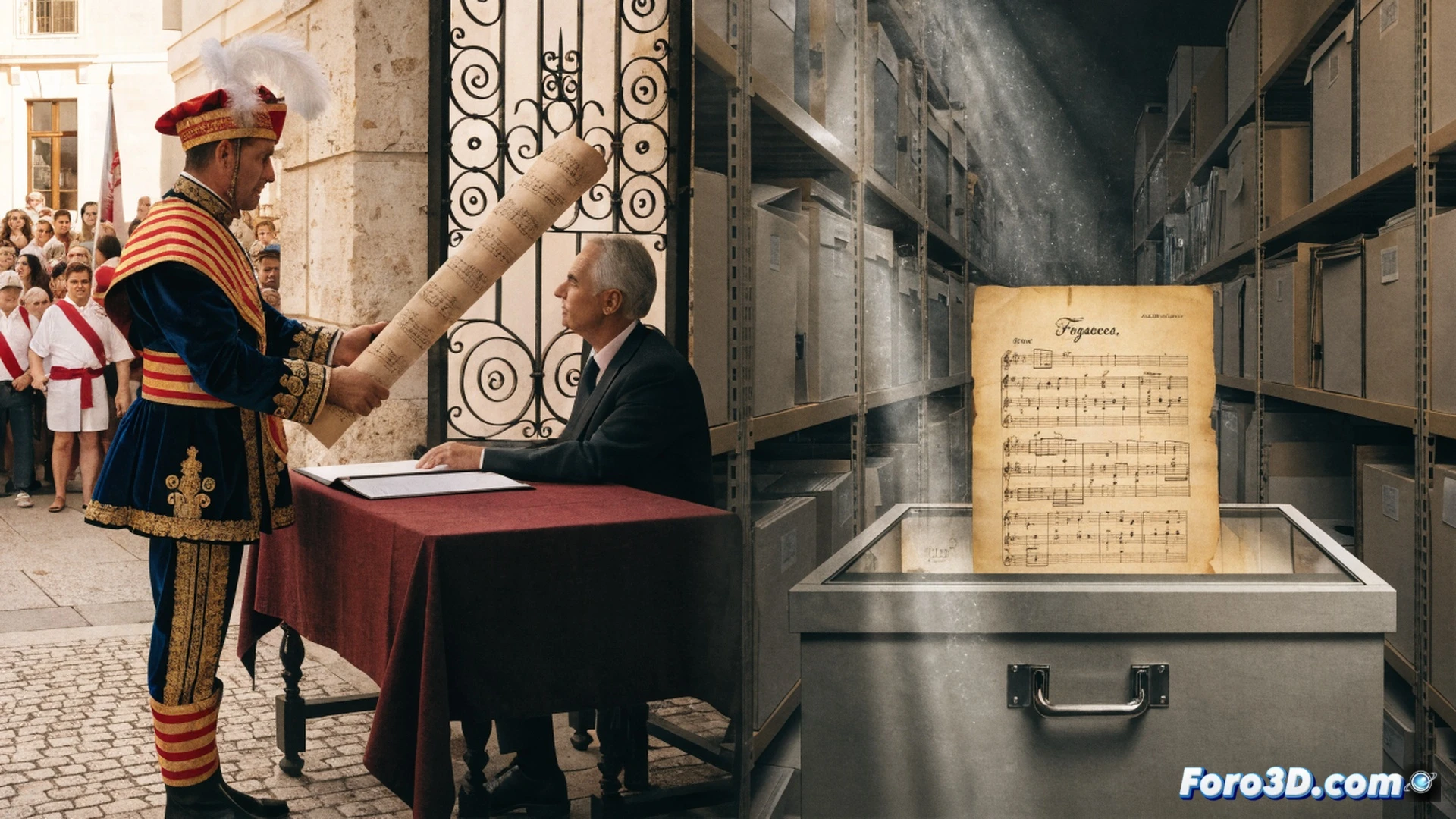 Archivo municipal histórico con vitrina iluminada mostrando partitura original de pasodoble de 1952, papel amarillento con pentagramas manuscritos y anotaciones a lápiz, manos enguantadas colocando el documento en una caja de conservación libre de ácido, fondo con estanterías metálicas de archivo y carpetas colgantes, luz cálida de tungsteno sobre la mesa de restauración, lupa y pinceles de limpieza junto a la partitura, fotografía documental hiperrealista, textura de papel envejecido visible, ambiente de biblioteca silenciosa, profundidad de campo suave, colores tierra y madera oscura