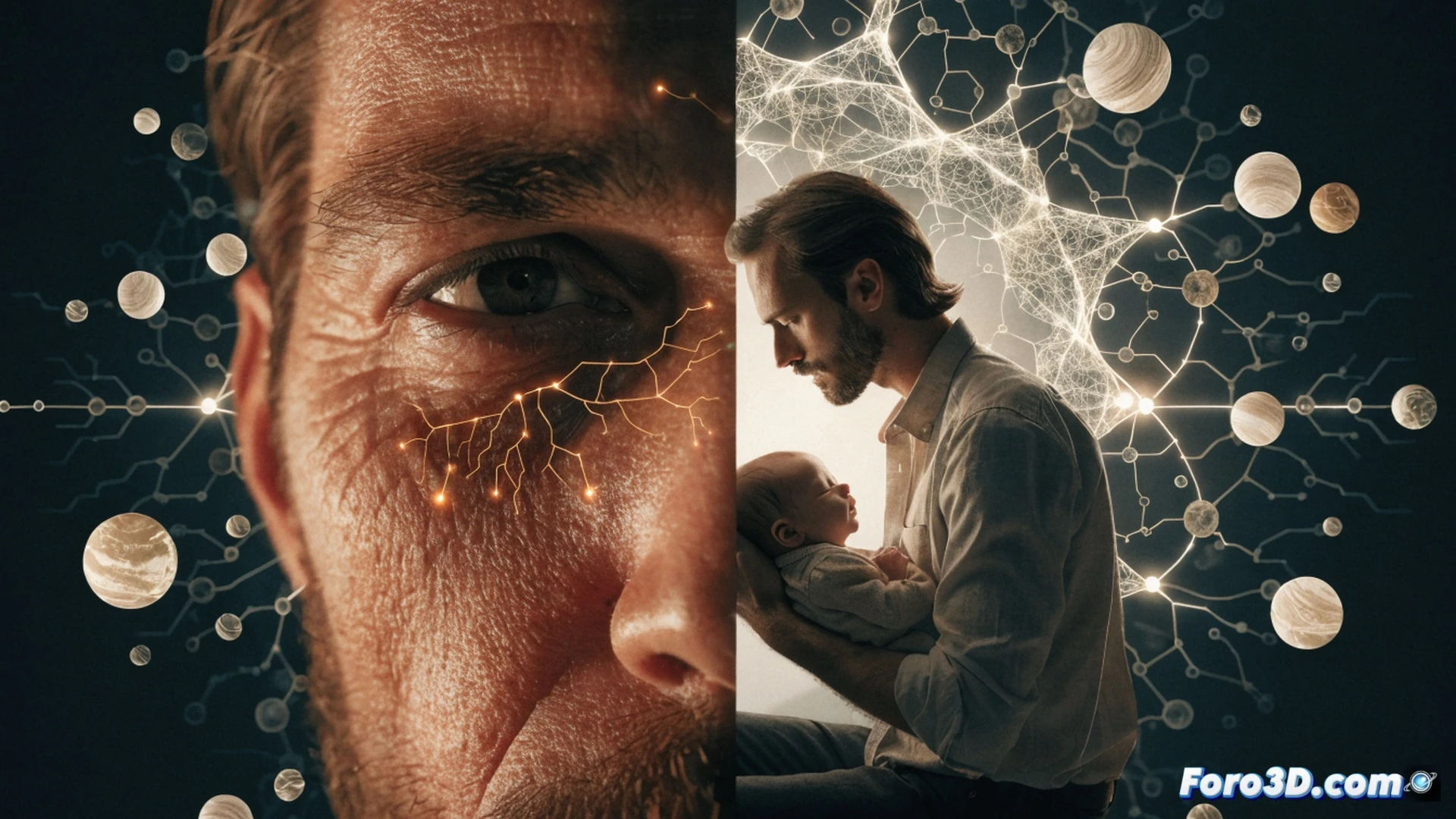 Photorealistic cinematic scene of a father in a home office holding a toddler on his lap while using a laptop, brain scan hologram floating above his head showing glowing neural pathways, heart rate monitor on his wrist displaying calm pulse, emotional connection visualized as warm orange light between father and child, toys and baby monitor on desk, ergonomic chair, soft natural window light, facial expression of focused calm, technical illustration style, ultra-detailed skin texture and fabric folds, warm inviting color palette
