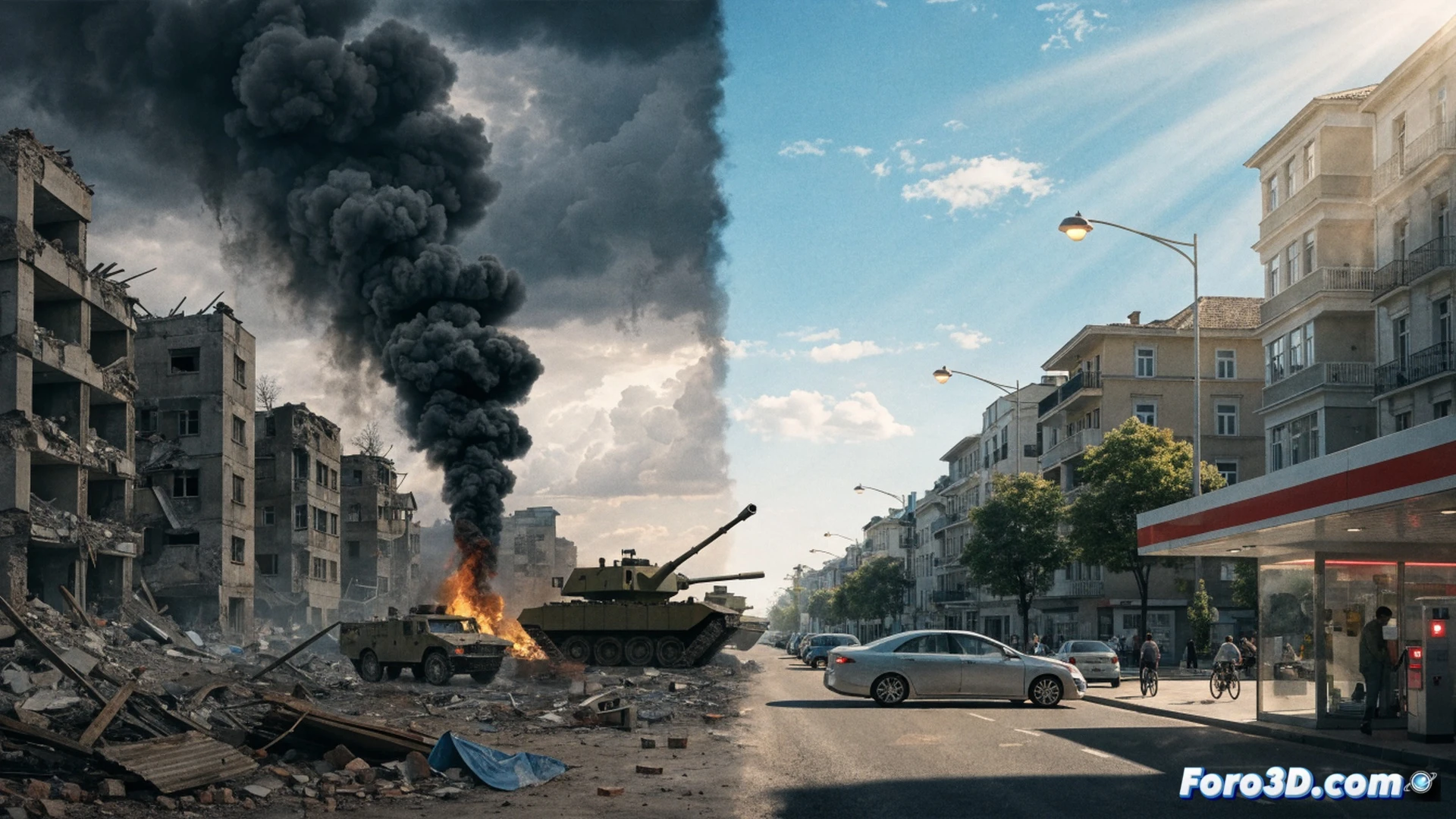 oil refinery control room at sunset, two hands gripping a fuel pump nozzle, price display dropping from red numbers to green, split-screen showing a battlefield ceasefire on one side and a stock market ticker rising on the other, oil barrels labelled war profit floating in mid-air, a single broken helmet lying on the wet asphalt, photorealistic technical visualization, cold blue and warm orange lighting contrast, condensation on glass panels, dashboard warning lights reflecting on the operator face, hyper-detailed mechanical gauges, cinematic industrial atmosphere, motion blur on scrolling price digits, subtle smoke trails from distant refinery chimneys