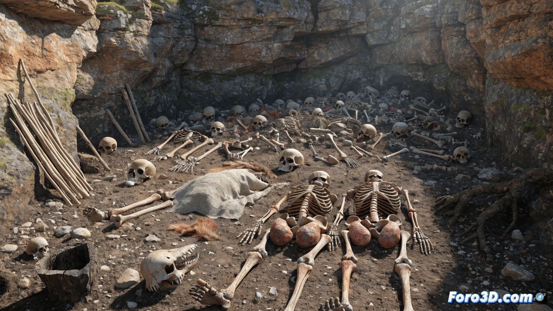 Ancient Siberian burial pit excavation scene, three human skeletons partially exposed in sandy soil, Yersinia pestis bacteria visualized as glowing red micro-organisms emerging from bone fragments, archaeologists in protective suits using brushes and trowels, radiocarbon dating equipment nearby, dramatic low-angle lighting casting long shadows, cold tundra landscape visible through excavation trench, photorealistic archaeological illustration, cinematic composition emphasizing scientific discovery and ancient disease transmission, ultra-detailed bone textures and soil layers