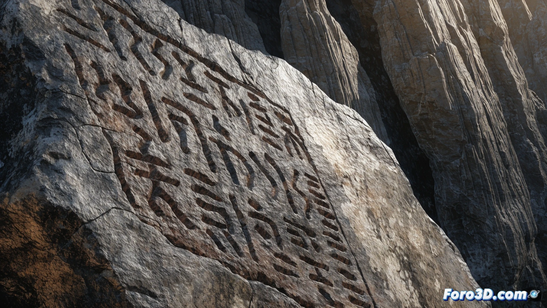 A weathered stone slab with enigmatic chisel marks lies on a laboratory examination table, a gloved hand holding a magnifying lens over the carved symbols, while a digital microscope screen beside it displays a close-up of the incised grooves, showing tool-mark analysis under harsh side lighting, a technical illustration style, photorealistic stone texture with lichen patches, dramatic chiaroscuro lighting emphasizing depth in the carved lines, forensic evidence markers placed around the rock, background showing a dim archive room with filing cabinets, ultra-detailed mineral grain rendering, cinematic documentary aesthetic