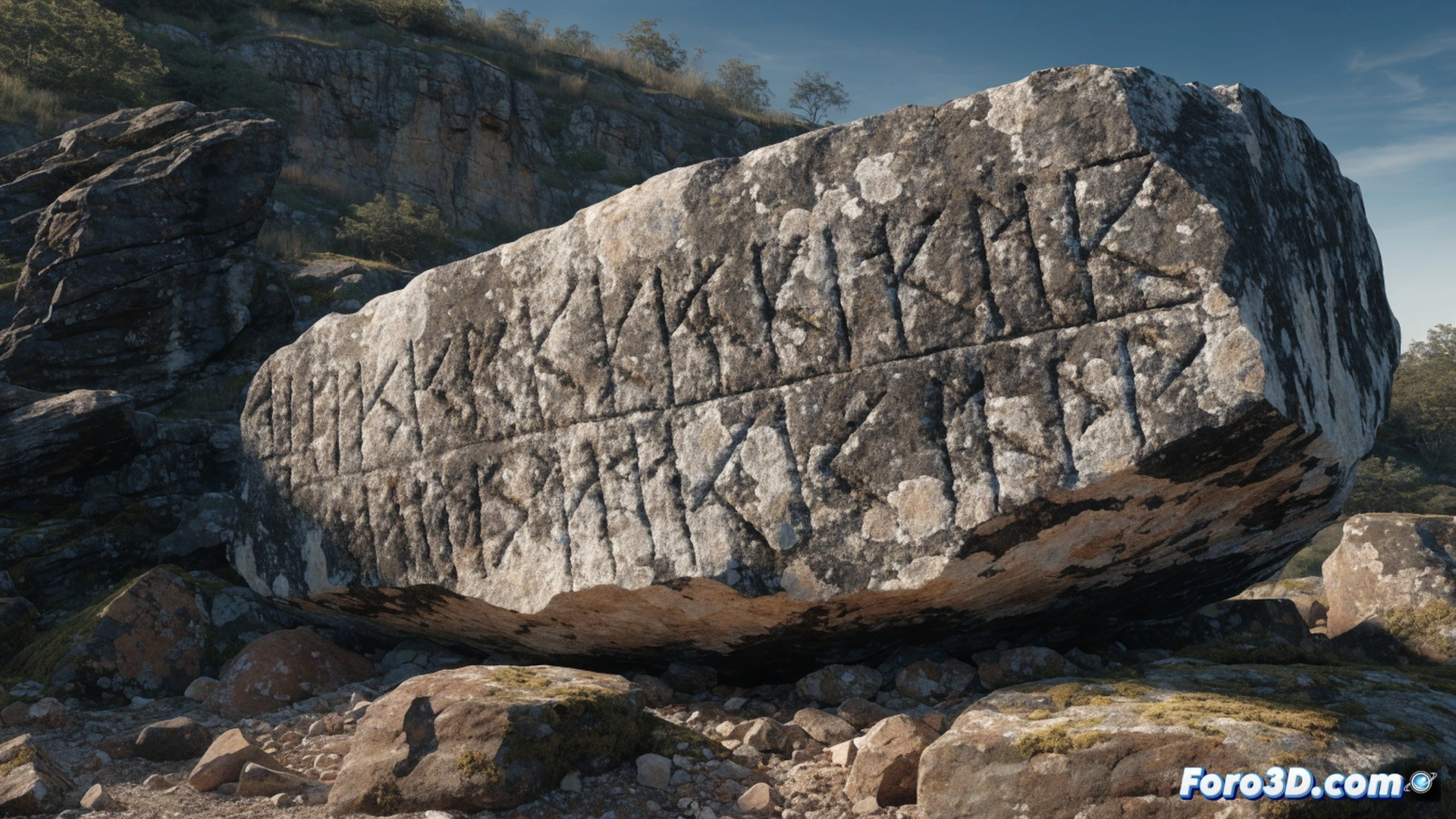 monolito de piedra arenisca erosionado en un bosque denso de Oklahoma, ocho marcas rúnicas profundamente grabadas en la superficie rugosa, luz de atardecer filtrándose entre árboles altos, sombras alargadas de ramas proyectadas sobre la piedra, un arqueólogo arrodillado examinando las incisiones con una lupa de joyero, una tableta digital sobre el musgo mostrando un análisis de desgaste microscópico, herramientas de medición láser colocadas alrededor, estilo cinematográfico fotorrealista, textura de arenisca granulada, ranuras rúnicas iluminadas con polvo de tiza roja, ambiente de bosque húmedo y misterioso, iluminación dramática de claroscuro, detalles hiperrealistas en corteza de árbol y líquenes, render técnico de alta definición