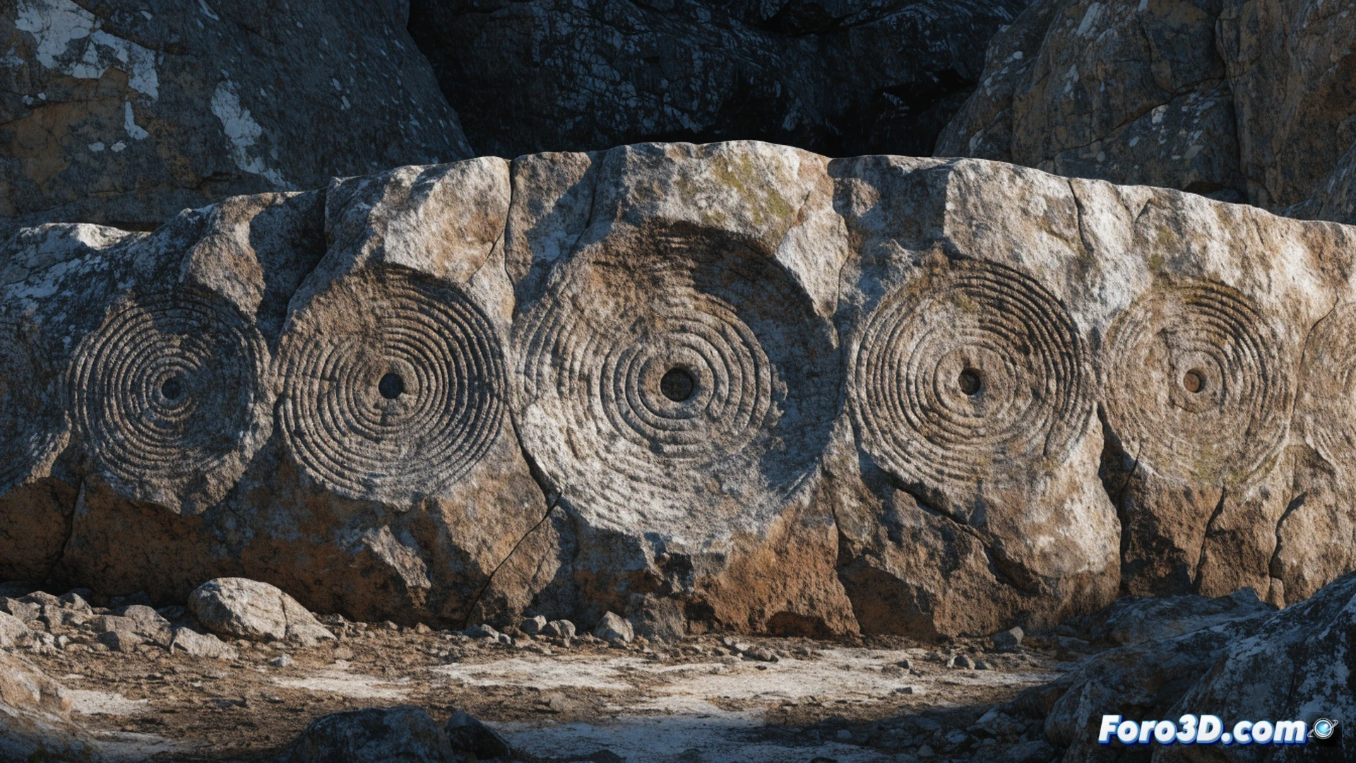 Archaeologist examining a rough granite block with seven carved circular depressions aligned to lunar phases, sunlight casting shadows across the stone surface, measuring tools and a digital tablet nearby showing celestial charts, hands tracing the grooves while a magnifying lens reveals micro-erosion patterns, photorealistic technical illustration, dramatic golden hour lighting, weathered rock texture, precise geometric markings, glowing edge highlights on the carved circles, cinematic depth of field, hyper-detailed stone grain and tool marks