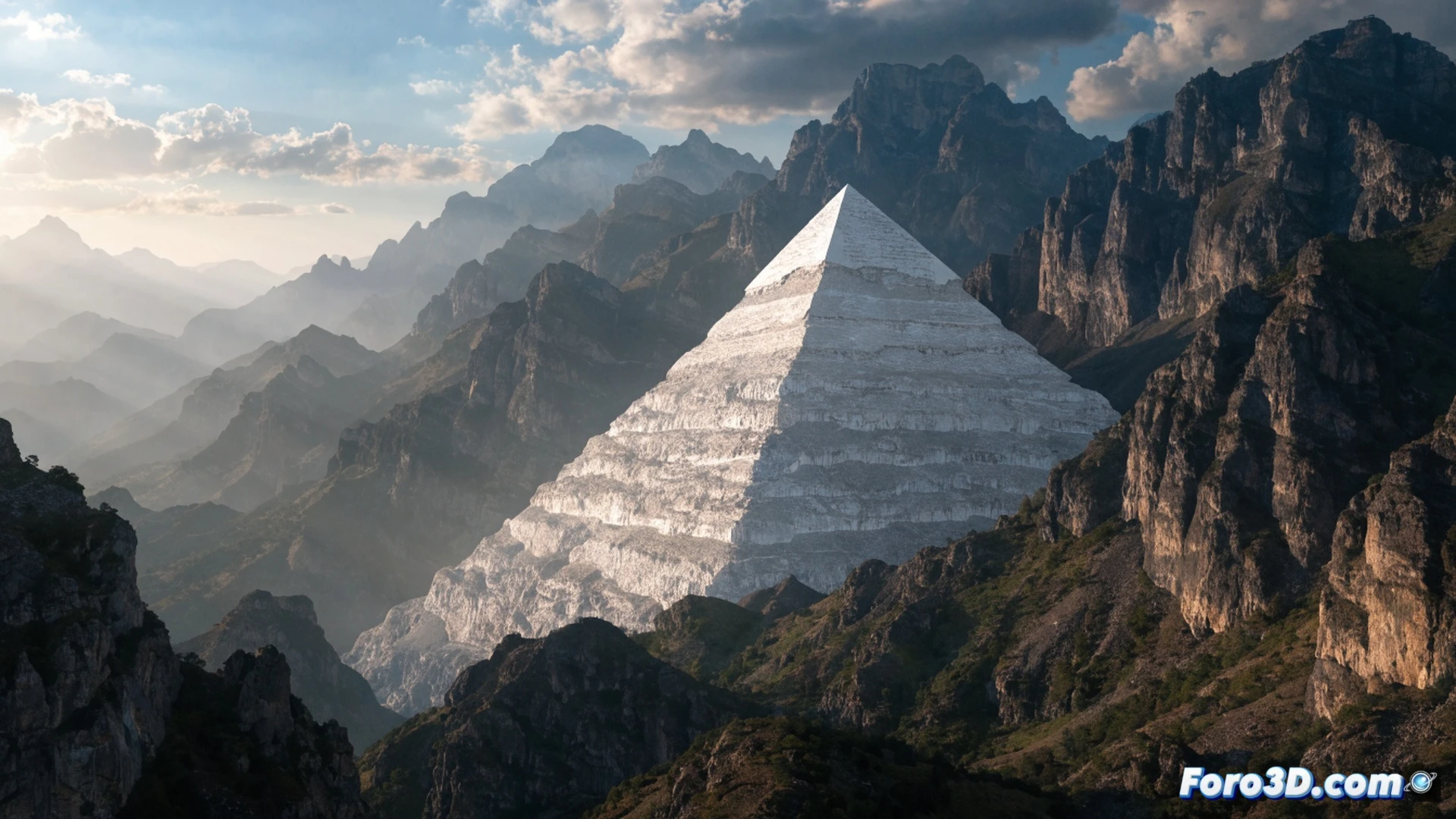 colossal white pyramid emerging from misty Shaanxi plains, 1940s-era reconnaissance biplane flying low over the structure, pilot leaning forward observing through binoculars, massive geometric base dwarfing surrounding pine forest, eroded stone blocks visible on upper tiers, dramatic morning sunlight casting long shadows across the pyramid face, vintage aircraft engine exhaust trailing, cinematic photorealistic style, weathered metal fuselage details, atmospheric haze between plane and monument, historical technical illustration, wide-angle perspective emphasizing scale