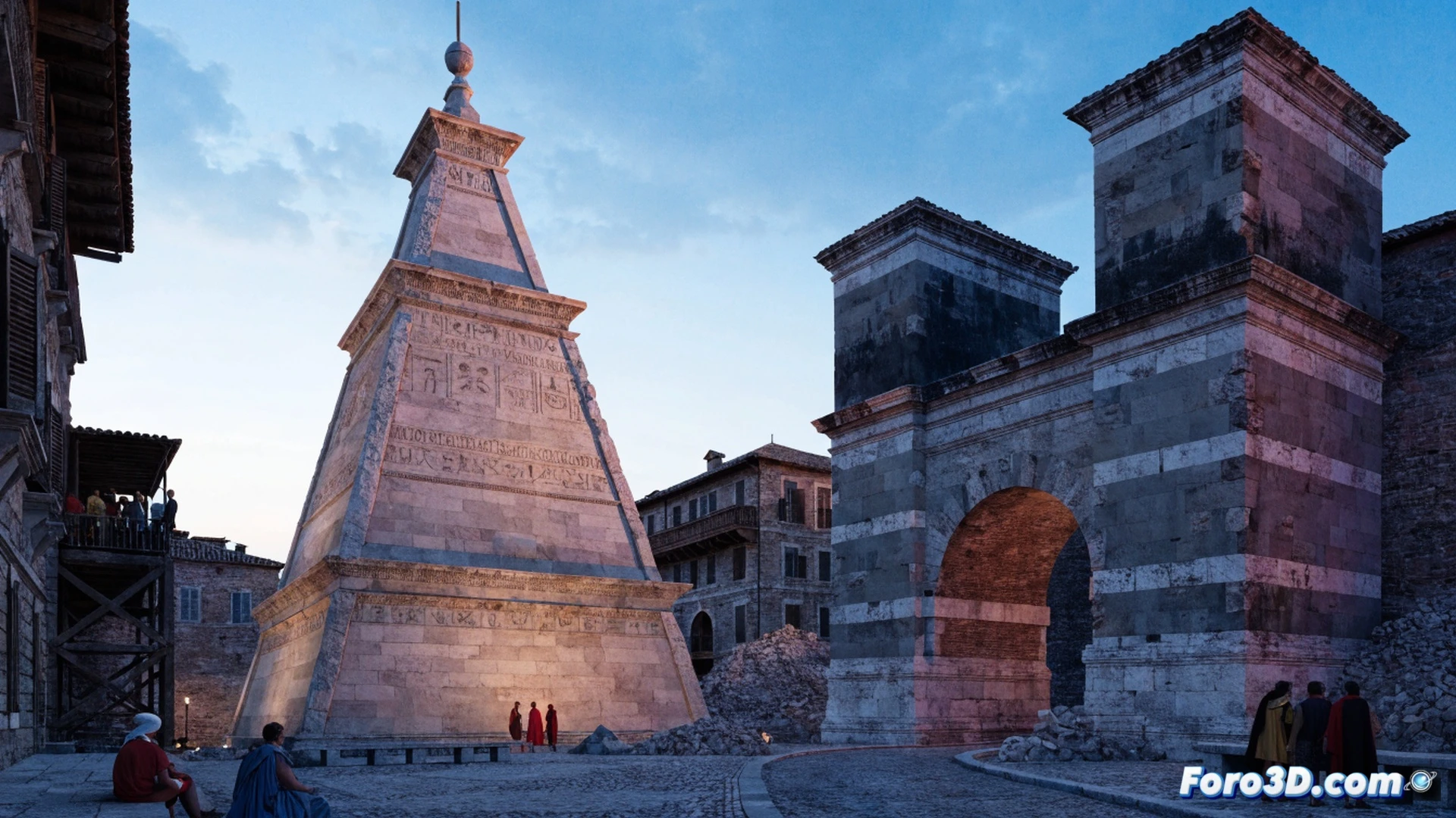 Roman marble workers assembling a pyramid tomb near the Porta San Paolo, white marble blocks being lifted by wooden cranes while workers mix concrete with lime mortar, ancient Roman construction tools scattered on scaffolding, the 36-meter pyramid rising against the skyline, cinematic historical visualization, warm golden sunlight casting long shadows, dust particles floating in the air, photorealistic architectural render, detailed stone texture, dramatic low-angle perspective showing the pyramid apex piercing the clouds, realistic Roman engineering scene