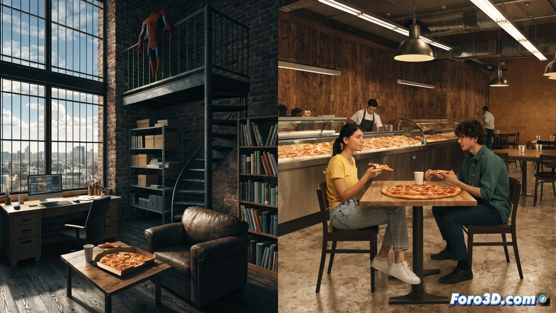 Photorealistic cinematic scene of a Brooklyn loft set replicating Peter Parker s apartment, a Little Caesar s pizza box labeled Webberoni sits on an industrial washer, contrasting with exposed brick walls and high ceilings, a rent receipt for 5495 dollars visible on a cluttered desk beside a laptop showing a salary calculator at 220k, dramatic film lighting, shallow depth of field, warm amber tones against cold steel appliances, ultra-detailed textures on worn wooden floors and plaster cracks, subtle lens flare from a window showing Williamsburg water tower silhouettes, technical illustration style highlighting cost disparity through spatial composition