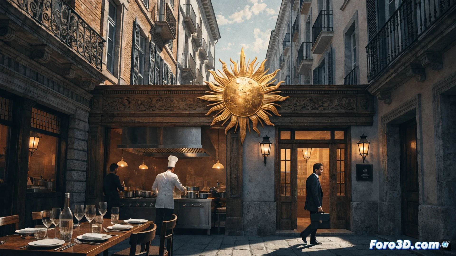 restaurante acogedor iluminado por luz cálida de atardecer, José Mota señalando con sonrisa una placa dorada Solete Repsol en la pared de piedra, dueño del local estrechándole la mano emocionado, comensales aplaudiendo desde mesas con manteles blancos y velas, plato gourmet humeante en primer plano con tenedor y cuchillo cruzados, fotografía técnica cinematográfica, profundidad de campo suave, destellos cálidos en cristalería, textura rústica de ladrillo y madera, ambiente festivo y elegante, photorealistic render