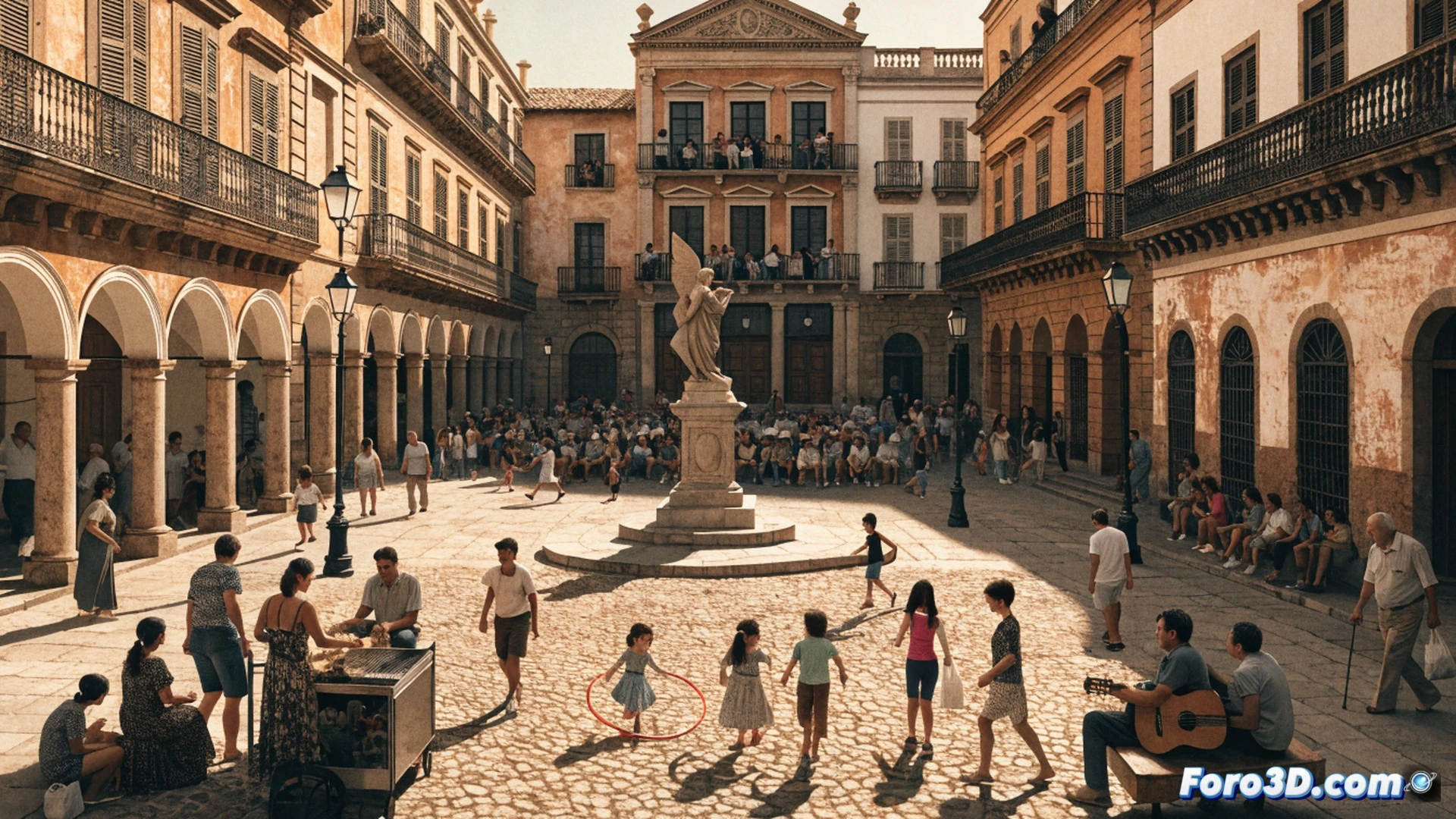 Plaza de la Constitución atardecer, niños corriendo alrededor de una fuente central, familias sentadas en bancos de hierro forjado, globos de colores atados a farolas antiguas, puestos de artesanía local con toldos rayados, músicos callejeros tocando guitarras bajo balcones con banderas festivas, adoquines brillando tras una lluvia ligera, edificios históricos de fachadas ocres al fondo, luz dorada filtrándose entre árboles frondosos, ambiente de convivencia vecinal, estilo cinematográfico hiperrealista, composición amplia con profundidad de campo, texturas detalladas de piedra y metal, saturación vibrante pero natural, iluminación cálida de hora mágica