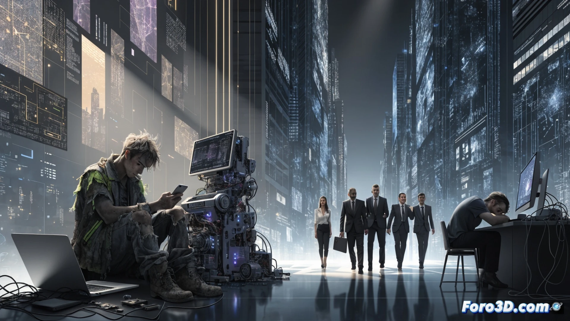 worker in a dim co-working space hunched over a laptop, a glowing digital clock counting down to zero on screen, while a robotic arm from a large tech tower drops a tiny coin into a glass jar, other freelancers in cubicles dissolving into translucent silhouettes, computer cables wrapping around wrists like chains, server racks blinking red warning lights in background, cinematic photorealistic style, dramatic chiaroscuro lighting, dust particles floating in harsh blue screen light, ultra-detailed textures of worn keyboard and frayed wires, motion blur on the falling coin, technical engineering visualization of surveillance cameras mounted on ceiling tracking movements
