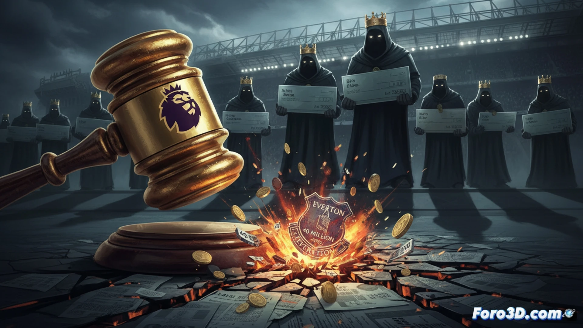Premier League logo casting shadow over Everton stadium while a giant red penalty hammer smashes a small financial document marked 40 million, Burnley crest floating in background, top clubs like Manchester City and Chelsea watching from luxury boxes with smug expressions, their golden cheque books glowing untouched, photorealistic technical illustration, dramatic courtroom-style lighting, sharp contrast between modest club and wealthy giants, cinematic wide-angle shot, detailed financial papers scattering in mid-air, cold blue and gold color palette, high-contrast shadows, ultra-realistic textures on leather seats and glass barriers