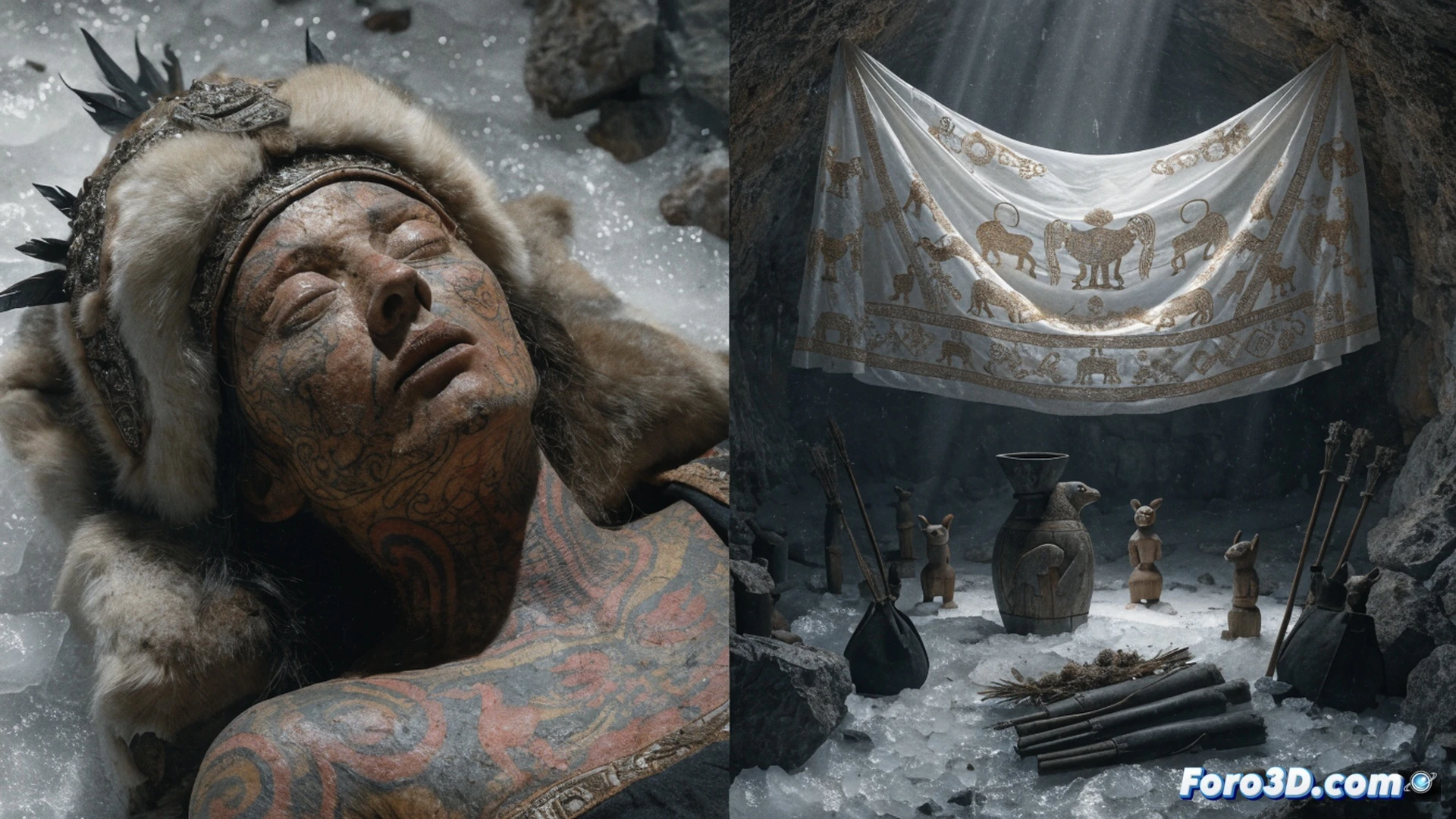 Ancient Pazyryk burial chamber excavation scene, permafrost ice crystals forming on preserved wooden sarcophagus, archaeologist carefully brushing frozen soil from a mummified woman's arm revealing intricate mythological animal tattoos, cannabis plant fragments scattered nearby, cold blue atmospheric lighting, frost-covered bronze tools and ritual artifacts arranged around the burial, technical archaeological visualization style, ultra-detailed texture of ancient skin and organic materials, dramatic shadows from headlamps cutting through frozen darkness, photorealistic scientific documentation aesthetic