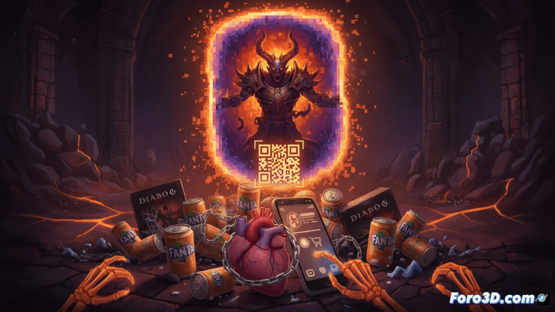 Código QR en una lata de Fanta siendo escaneado por un smartphone, mientras datos de ubicación y consumo fluyen como partículas pixeladas hacia servidores ocultos, un portal púrpura de Diablo 4 se desvanece en humo sobre la lata, botellas de azúcar apiladas en segundo plano, cadenas de marketing cruzado rodean el sistema, estilo cinematográfico de ilustración técnica, iluminación dramática roja y naranja, texturas metálicas realistas, flujo de datos representado como líneas brillantes, ambiente de vigilancia digital, render fotorrealista.