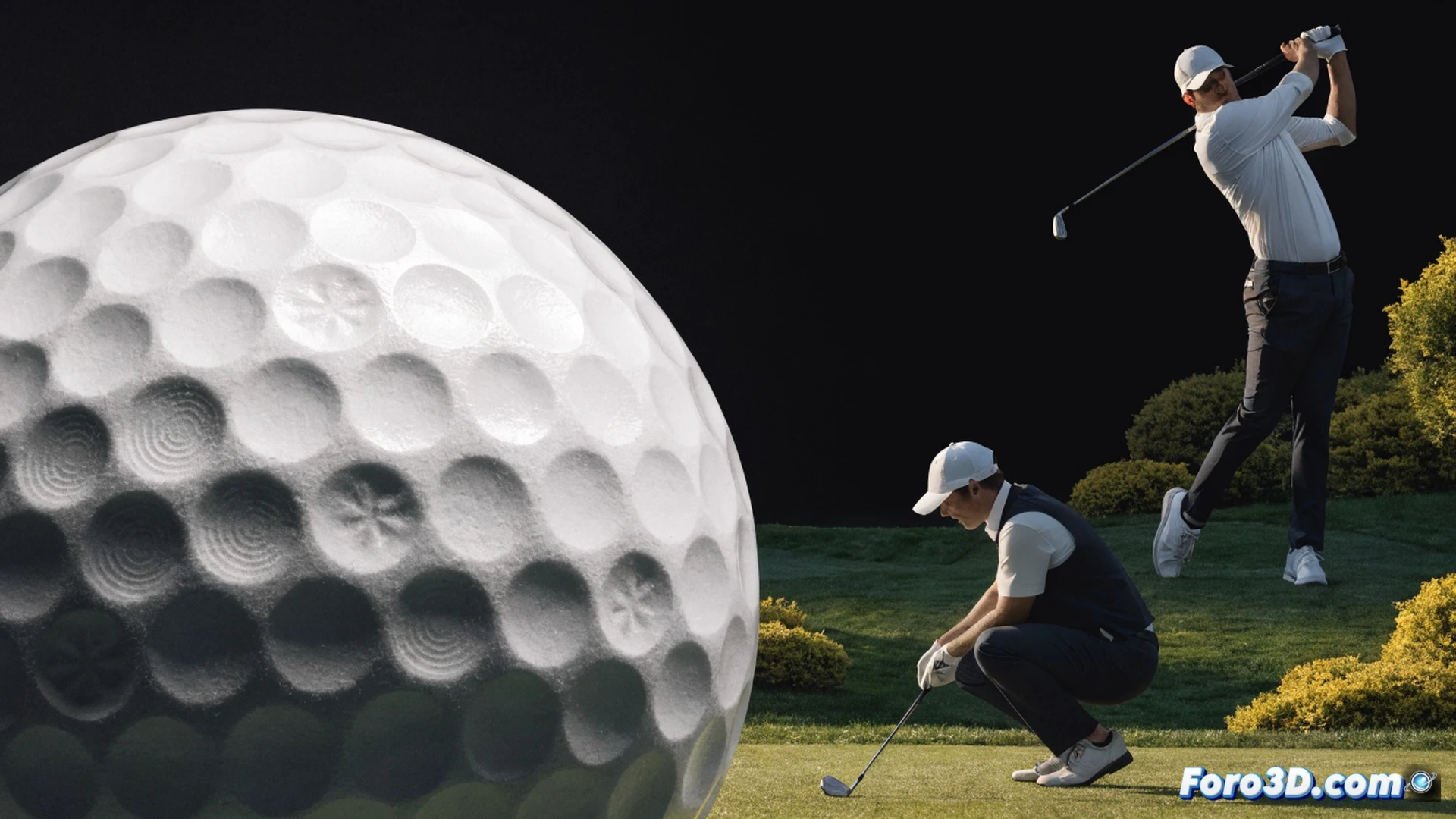two golf balls on a grass tee, one standard ball and one larger prototype with visible dimple pattern, a measuring tape stretched between them showing distance difference, a golfer's silhouette in background mid-swing with club head blurred in motion, grass blades disturbed by impact, soft morning light on green fairway, photorealistic technical illustration, shallow depth of field, subtle motion blur on swing, clean sport product photography style