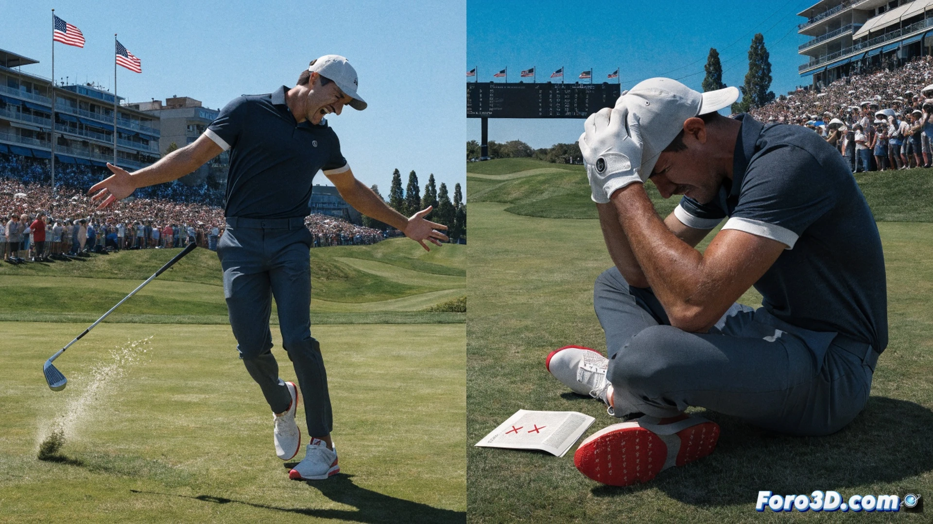 golpe de golf en plena ejecución, viento fuerte desviando la trayectoria de la pelota, un putter metálico impactando violentamente contra el césped mojado, astillas de hierba volando, jugador con expresión de frustración, caddie observando de fondo, scoreboard digital mostrando penalización de dos golpes, bandera de la USGA ondeando, estadio de golf al atardecer, iluminación dramática con nubes de tormenta, estilo cinematográfico fotorrealista, detalles nítidos de la textura del palo y la hierba, movimiento congelado en el impacto