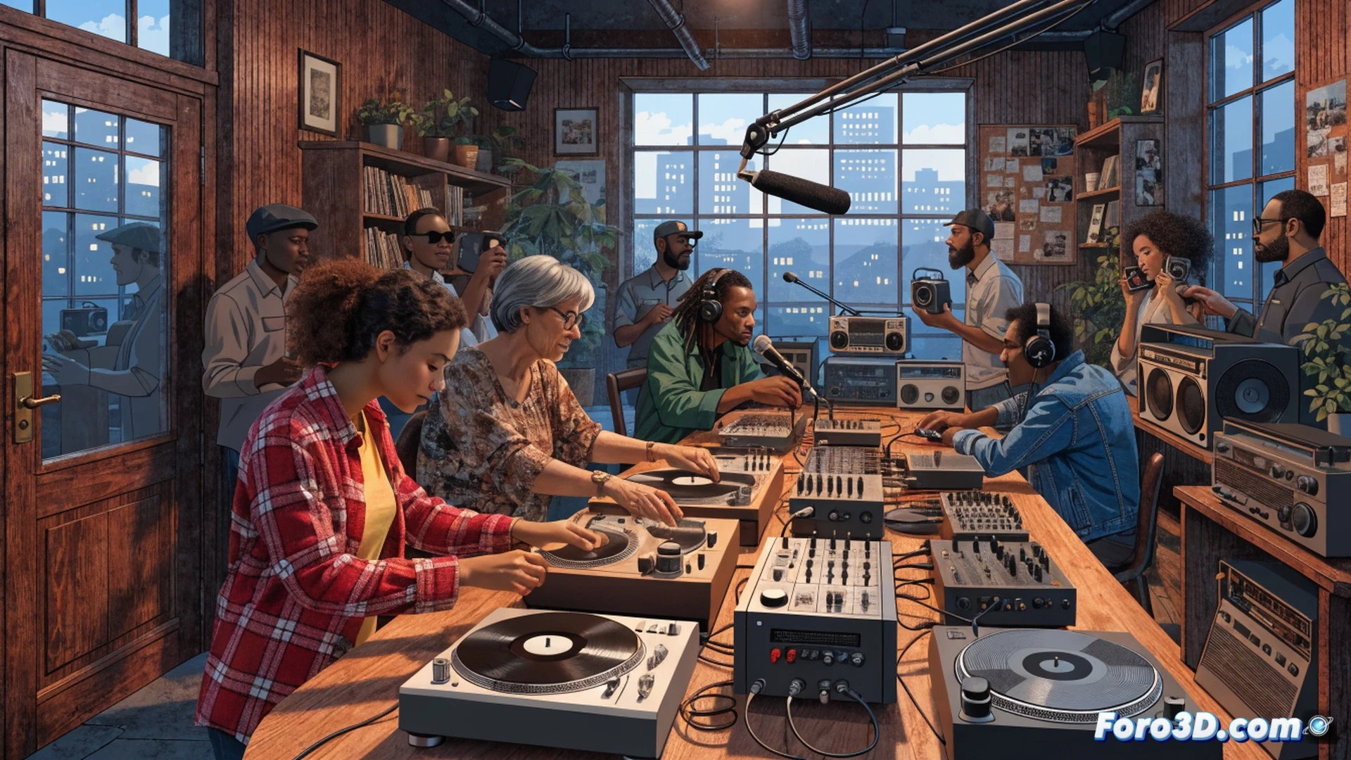 Antena de radio FM emitiendo ondas musicales visibles hacia un barrio residencial al amanecer, vecinos sonriendo mientras escuchan desde ventanas abiertas y balcones, un locutor ajustando perillas vintage en una consola de mezclas con micrófono dinámico, altavoces de estudio mostrando formas de onda, cables de audio conectados a un transmisor, luz cálida de estudio contrastando con el azul del cielo exterior, estilo cinematográfico fotorrealista, textura de vinilo y metal, profundidad de campo suave, sin texto ni números visibles.