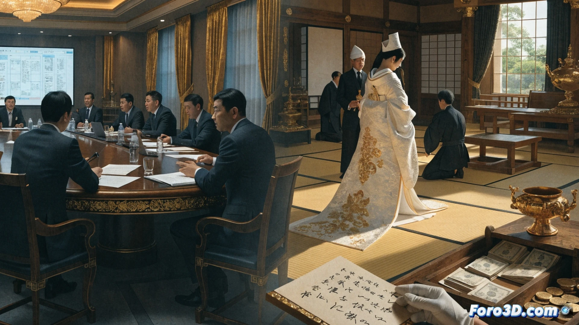 Japanese Imperial Palace council chamber during heated parliamentary debate, traditional scrolls and modern laptop displays showing 38% approval statistic, politicians gesturing while reviewing succession law documents, ancient chrysanthemum throne visible in background, holographic budget projection graphs floating above mahogany table, divided lawmakers in suits and formal kimono, dramatic split lighting between warm gold and cool blue, ceremonial swords and digital tablets side by side, photorealistic cinematic rendering with deep shadows and lens flare, ultra-detailed wood paneling and silk textures, tension visible in body language, deadline clock showing July 17 on wall screen