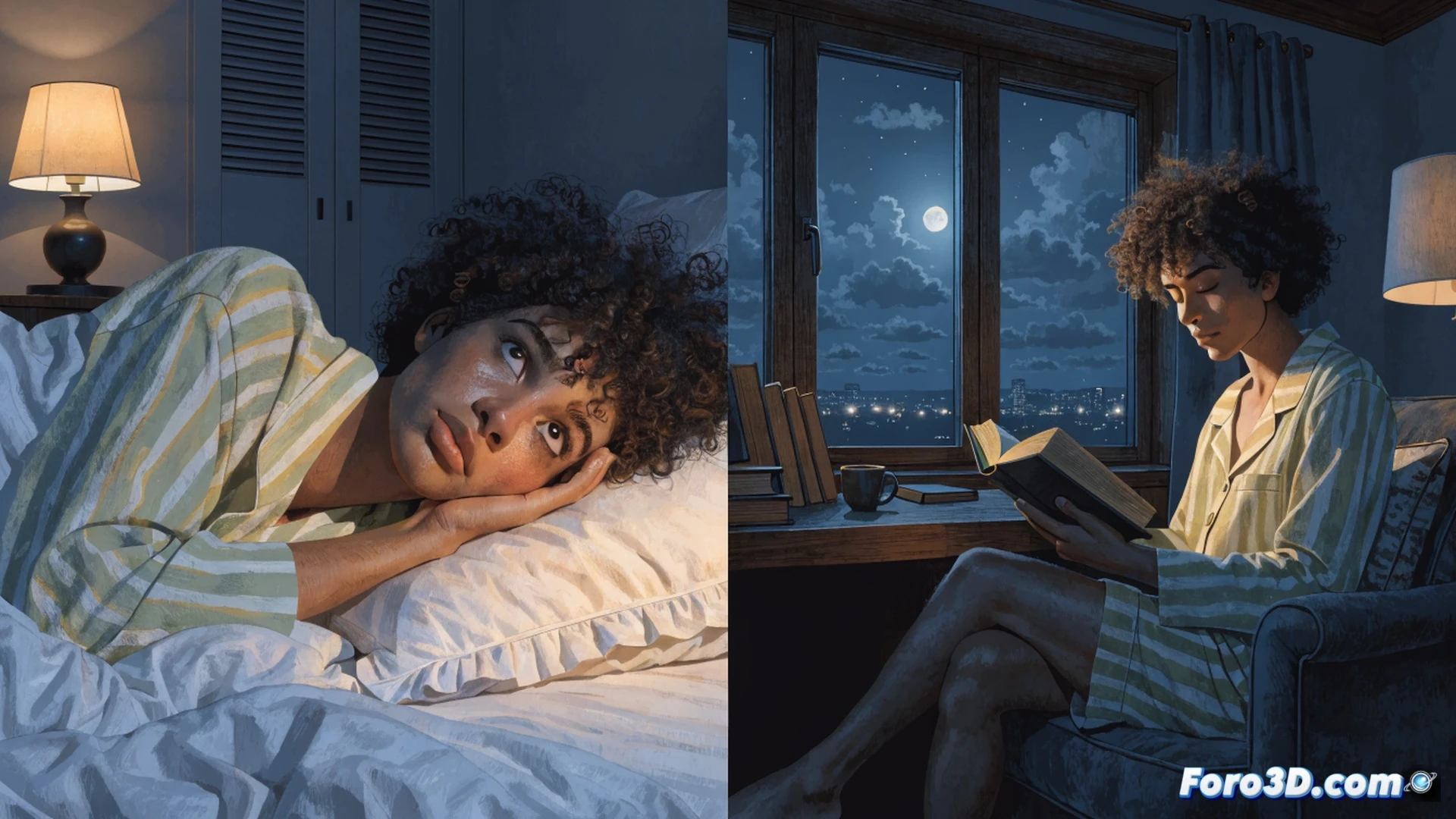 Person lying in bed awake staring at ceiling, clock showing past midnight, person sitting up and leaving bedroom, walking toward dimly lit living room with book in hand, reading under soft warm lamp on wooden table, comfortable armchair, cozy atmosphere contrasting with frustrated bedroom scene, cinematic photorealistic style, dark blue bedroom tones shifting to amber living room lighting, natural body language, peaceful expression while reading, technical illustration of sleep hygiene process, ultra-detailed interior textures