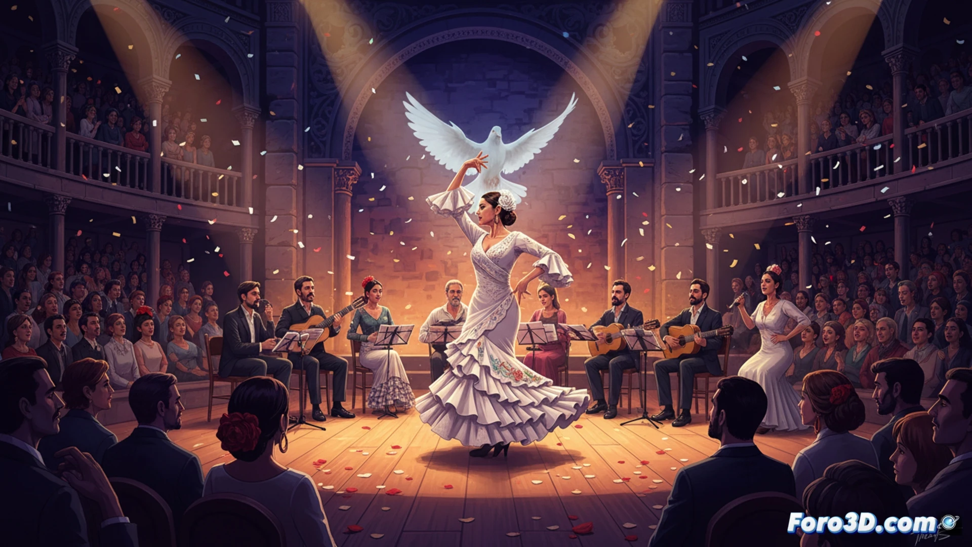 Flamenco dancer with swirling red dress performing on wooden stage, acoustic guitar strings vibrating under spotlight, castanets clicking in mid-air motion, audience silhouettes in dark theater, guitar body reflecting stage lights, technical visualization of sound wave patterns radiating from instrument, cinematic photorealistic render, dramatic chiaroscuro lighting, dust particles suspended in warm amber beams, dancer's heel striking floor with visible impact lines, intricate lace details on costume during spin motion