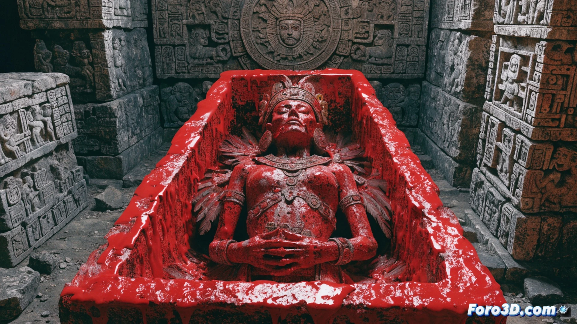 sarcophagus interior in Temple XIII of Palenque, ancient limestone coffin covered with bright red cinnabar pigment, skeleton of a high-ranking woman stained reddish, bone fragments showing mercury residue, jade mask and ear flares placed on skull, ceremonial obsidian knives and shell beads arranged around the body, archaeologist kneeling beside the sarcophagus using a brush and magnifying glass, small UV flashlight revealing hidden pigment layers, photorealistic archaeological illustration, dramatic side lighting from temple entrance, dust particles floating in warm humid air, dark stone walls with carved Mayan reliefs, ultra-detailed human remains and burial goods, cinematic documentary style