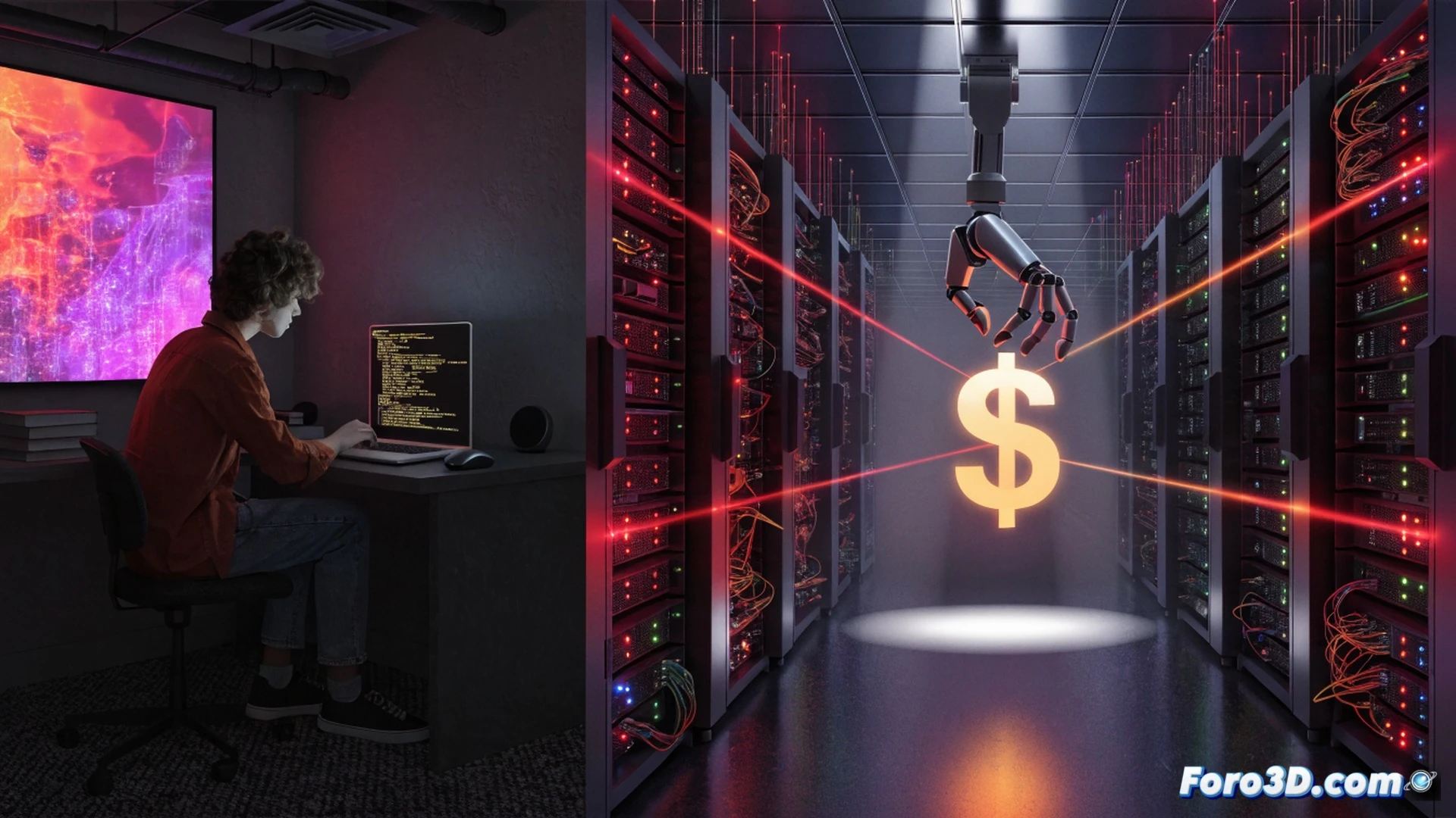 Cinematic wide shot of a robotic assembly line, humanoid worker being replaced by a glowing AI-powered robotic arm, a Silicon Valley executive in a suit handing a coin to a state official while pocketing a stack of cash, destroyed gears and broken tools scattered on the factory floor, holographic stock graphs rising above the executive, dim industrial lighting with cold blue and warm gold contrast, photorealistic technical illustration, motion blur on the falling coin, sparks from the robotic arm welding, ultra-detailed mechanical components and metallic reflections