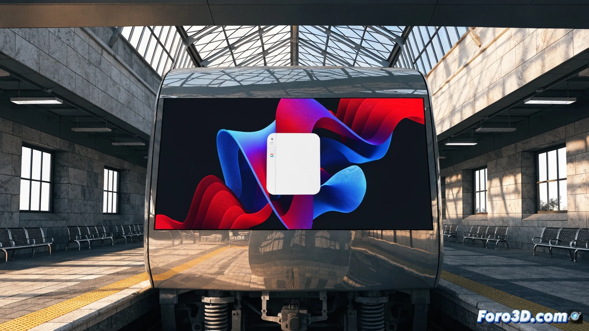 realistic scene of a modern train carriage suspended in digital void, front of train dissolving into a glowing Google login screen with cookie consent popup, train tracks ending abruptly at a login wall, no visible schedule or route information, bright blue screen glare reflecting on metallic train surface, empty passenger seats visible through transparent windows, dramatic contrast between physical train and digital barrier, photorealistic cinematic render, sharp focus on train nose merging into pixelated interface, dark moody lighting with screen glow, ultra-detailed metal textures and digital UI elements