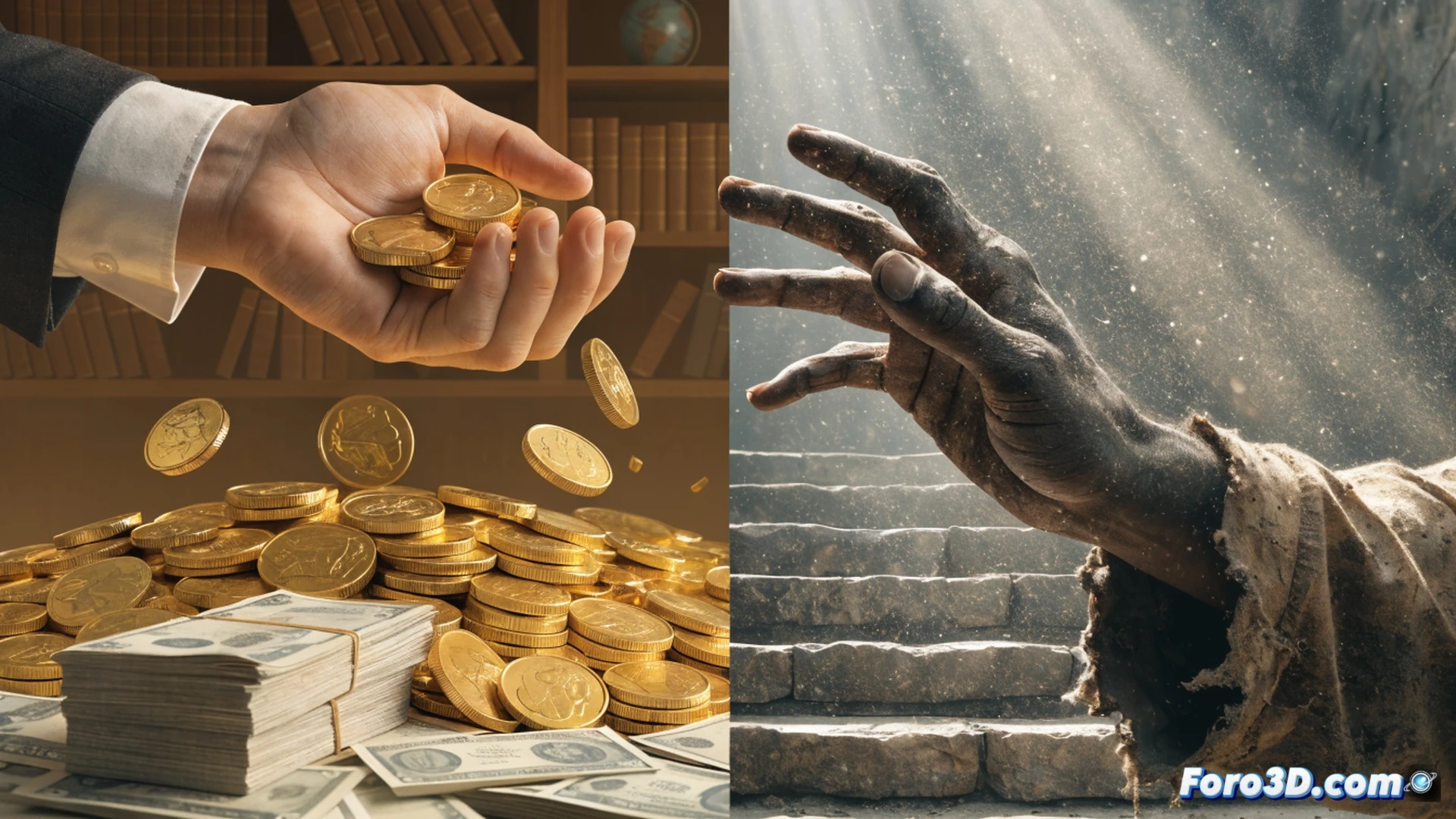 photorealistic wide-angle scene showing a transparent glass pyramid filled with stacked gold bars and luxury assets, while below a cracked concrete foundation holds a family carrying broken tools and empty bowls, a massive digital scale tipping heavily to one side, glowing red inequality data streams flowing upward from the poor side into the wealthy side, cinematic lighting with harsh shadows, ultra-detailed textures of gold and rusted metal, dramatic contrast between polished surfaces and decay, technical illustration style with economic flow visualization