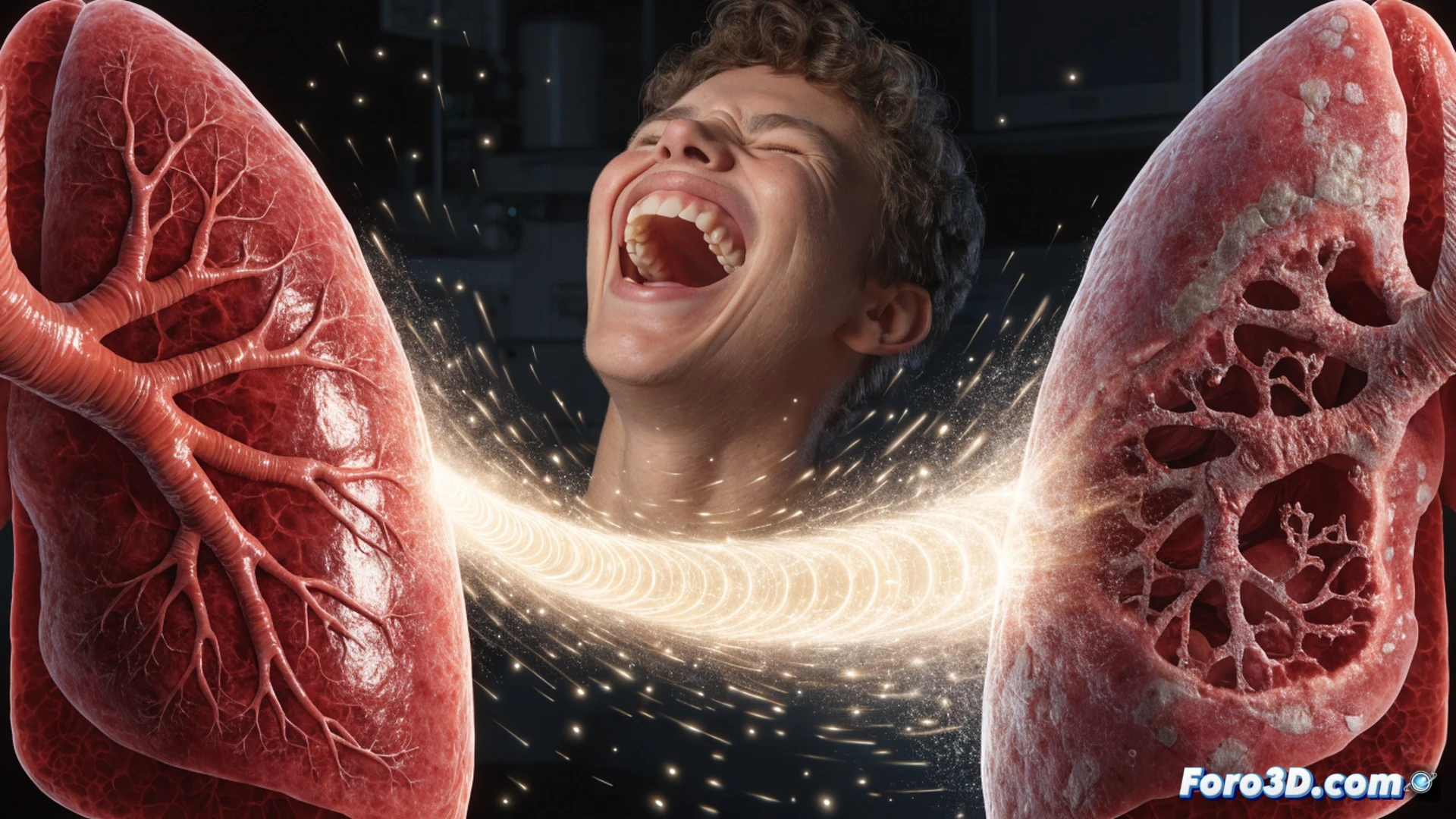 Grupo multietario riendo en sesión de terapia pulmonar, mostrando pulmones sanos y enfermos en pantalla médica holográfica, monitores de capacidad respiratoria con gráficos en aumento, espirómetros y sensores de oxígeno visibles, carcajadas generando ondas de vibración azul expandiéndose hacia los pulmones, laboratorio clínico con luz cálida, bata blanca y equipo de King s College London, cinematic medical visualization, acción grupal durante risoterapia, realismo anatómico, iluminación dramática suave, texturas de piel y tejido detalladas, photorealistic technical render