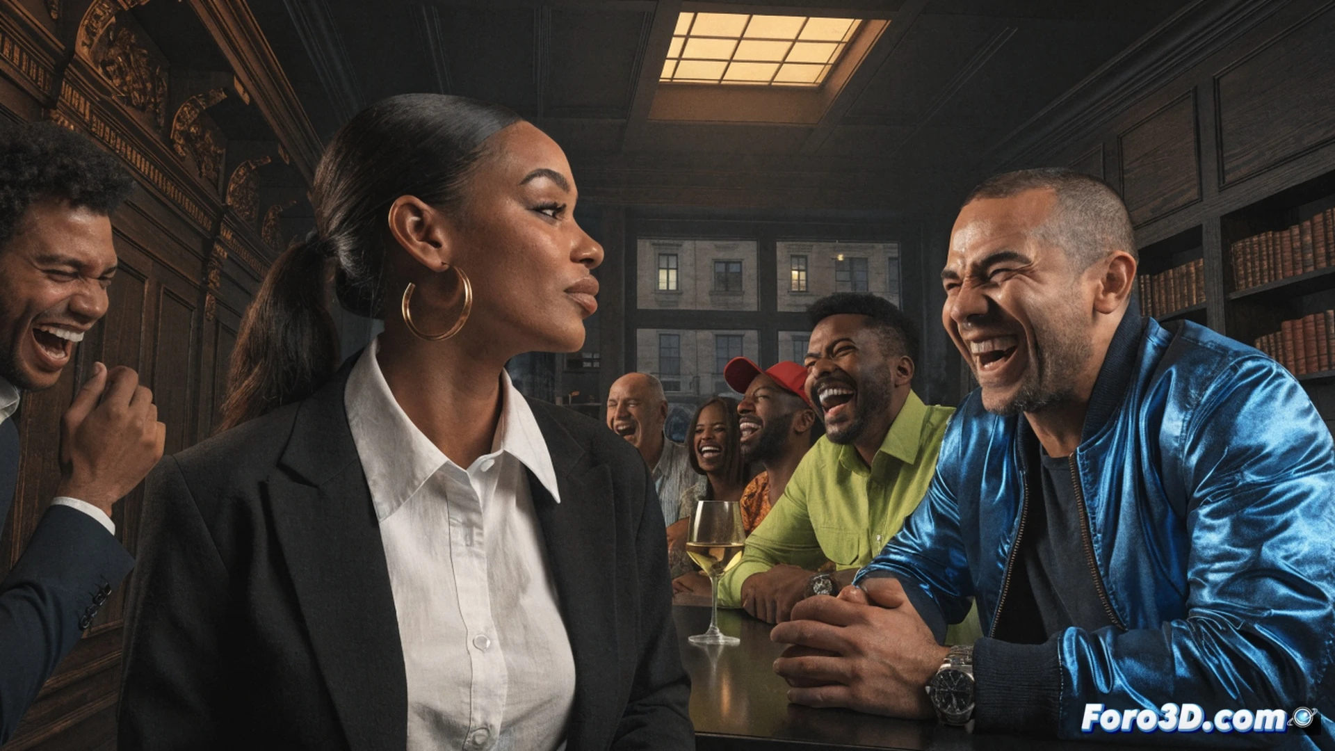 Cinematic scene of a dinner table with a man smirking while handing a credit card to a waiter, a woman across the table forcing a tense smile, her chair slightly pushed back as if recoiling, a glowing red chain symbolically wrapping from the card to her wrist, restaurant background blurred with laughing silhouettes, dramatic chiaroscuro lighting, photorealistic technical illustration, hyper-detailed textures on fabric and glass, subtle motion blur on the credit card handoff, symbolic visual metaphor for transactional objectification