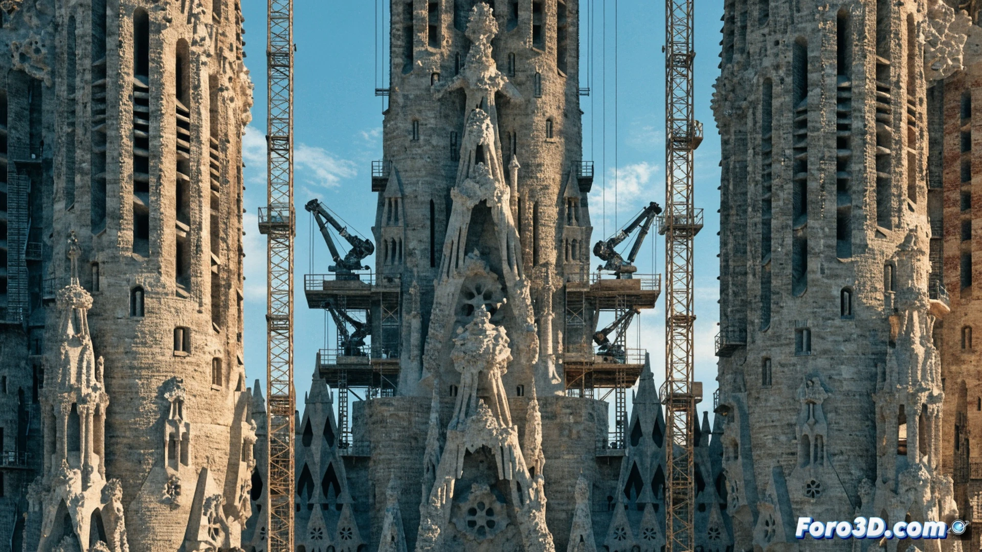 gothic cathedral construction site, industrial robotic arm with nozzle depositing concrete layer onto intricate stone pinnacle, scaffolding surrounding towering spire, workers observing holographic blueprint floating mid-air, 3D printer extruding geometric lattice while sun rays pierce through unfinished arches, photorealistic architectural visualization, warm stone textures contrasting with cool metallic printer, dust particles illuminated in dramatic light, motion blur on moving printer head, detailed cable management and support structures, cinematic wide-angle shot showing scale of tower against sky