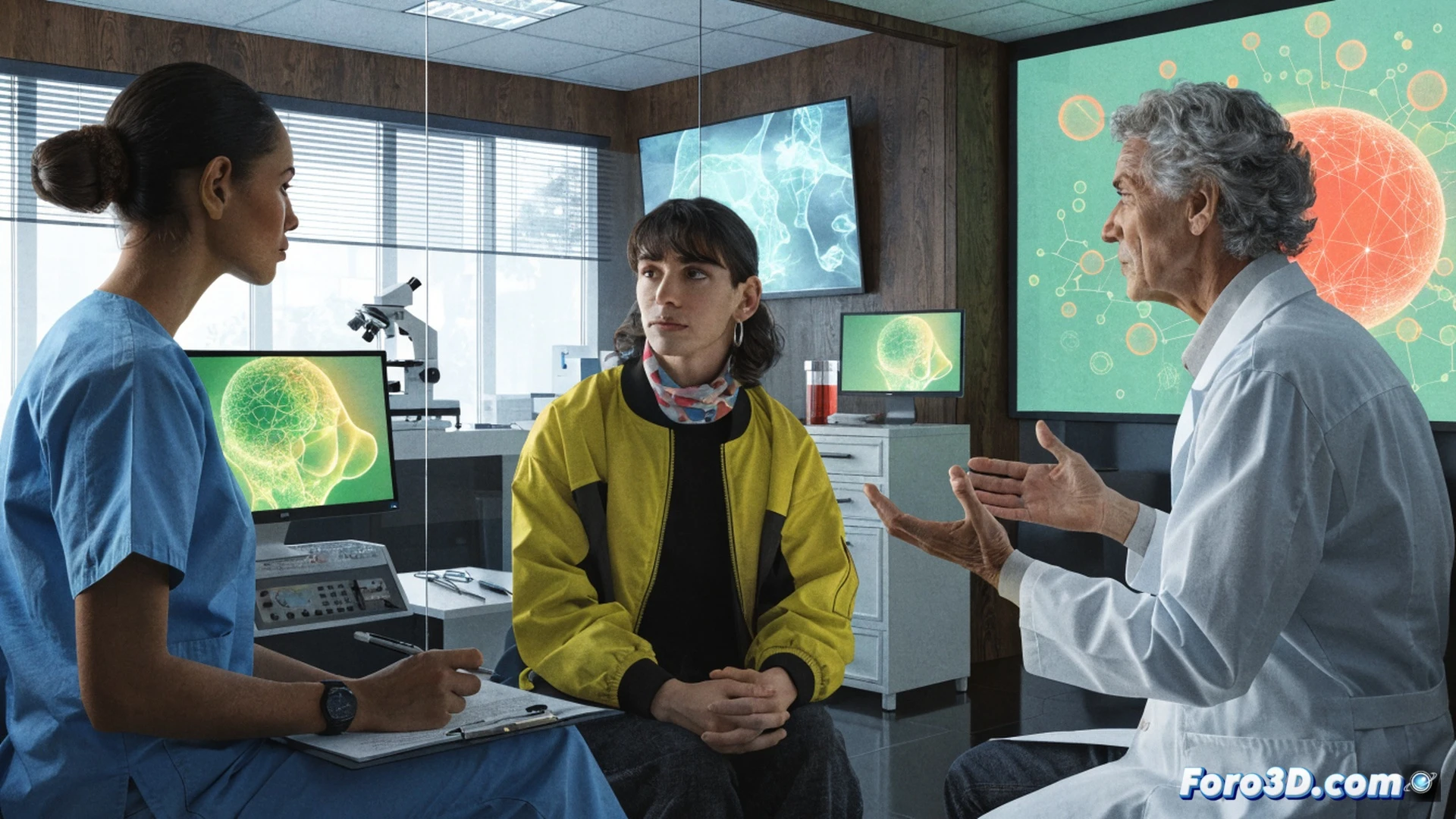 Reunión médica inclusiva en hospital moderno, profesionales sanitarios y miembros de asociaciones trans sentados alrededor de una mesa circular revisando documentos clínicos y tabletas digitales, diagramas de flujo de tratamiento hormonal y apoyo psicológico visibles en pantallas táctiles, gestos de colaboración y escucha activa, luz natural suave que entra por ventanas amplias, ambiente profesional acogedor, estilo cinematic photorealistic, colores cálidos y neutros, enfoque nítido en rostros y manos durante la interacción, sin texto visible.